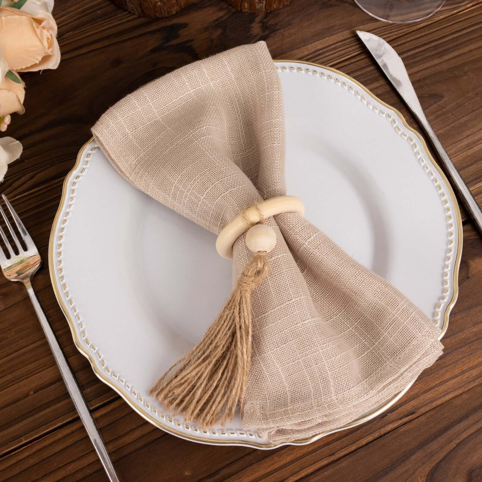 4-Pack Cream Wooden Napkin Rings with Jute Tassels - Rustic Boho Style