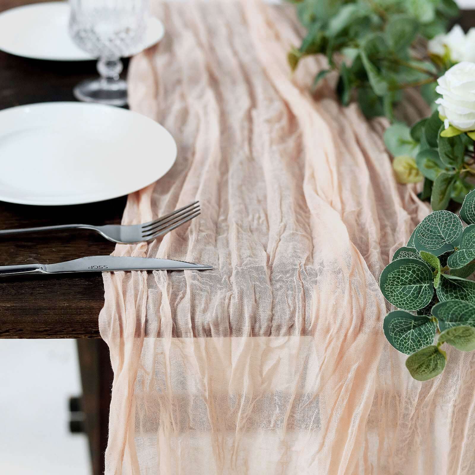 10ft Blush Gauze Cheesecloth Table Runner in Rustic Boho Style