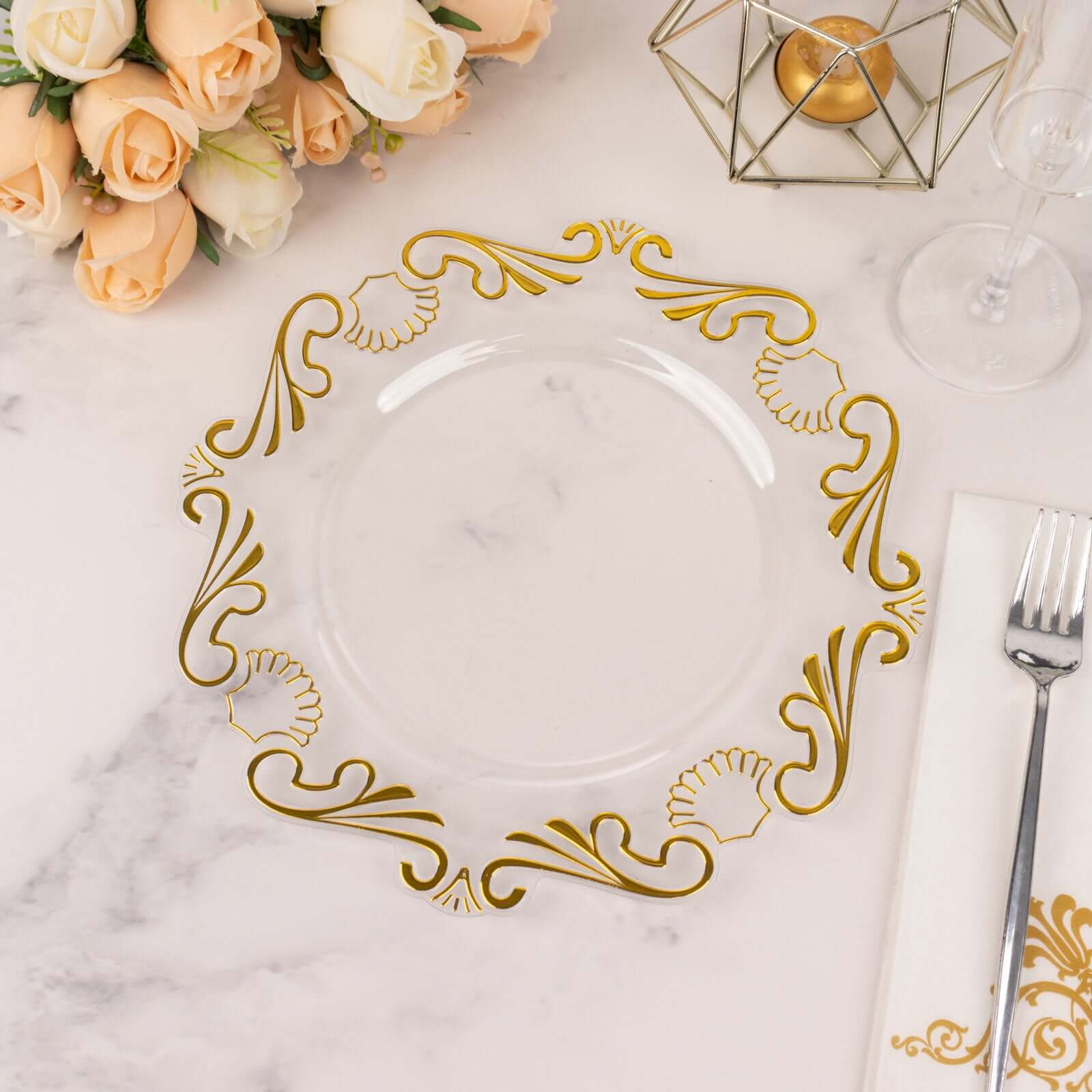 10-Pack Clear Plastic Round Dinner Plates with Gold Vintage Baroque Scalloped Rim - Ideal for Parties