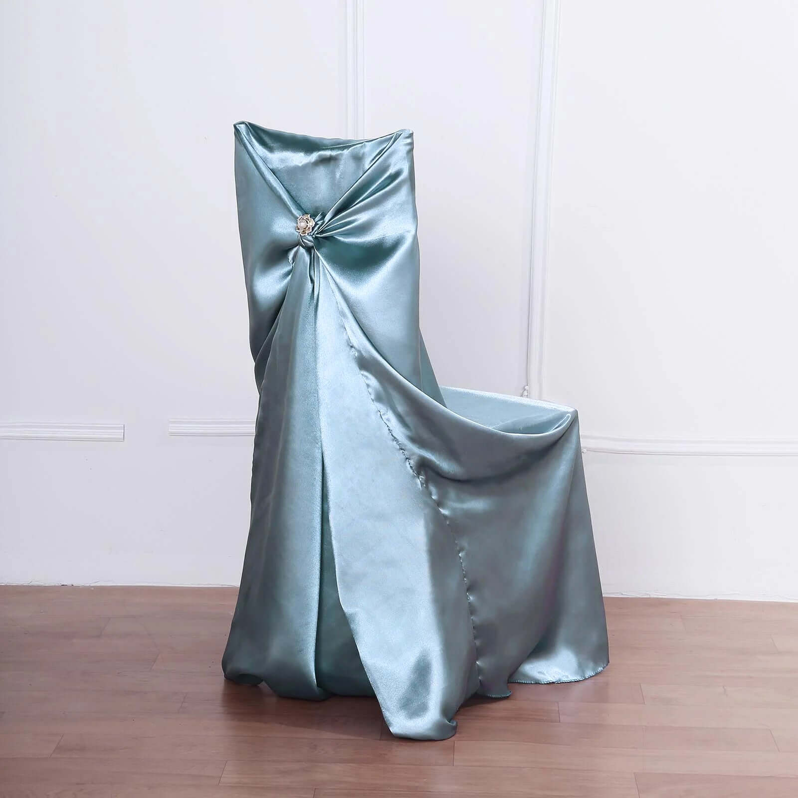 Dusty Blue Satin Self-Tie Chair Cover - Universal Slip-On for Folding, Dining & Banquet Chairs