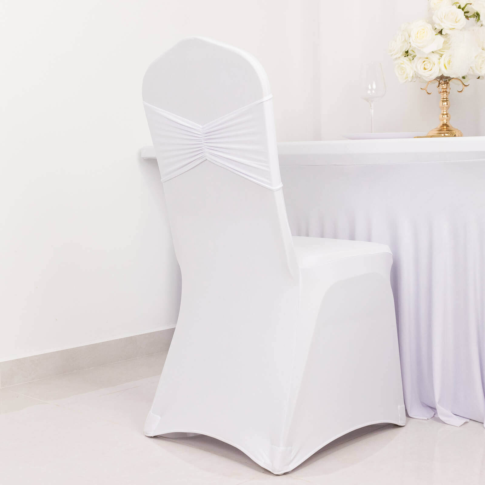 5-Pack White Ruffled Spandex Chair Sashes - Wide Stretch Bands for Elegant Weddings and Events