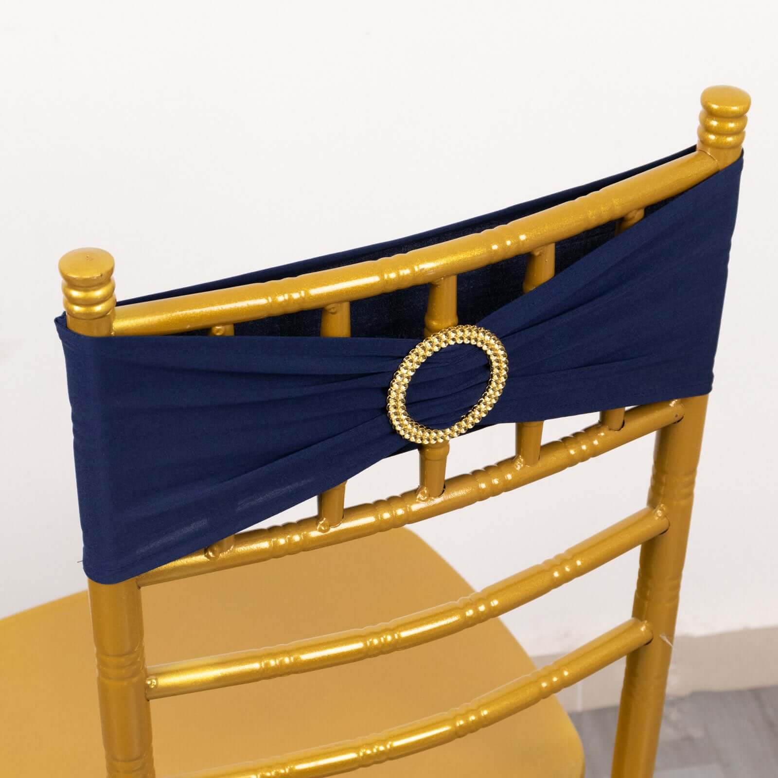 5-Piece Set of Navy Blue Spandex Chair Sashes with Gold Rhinestone Buckles - Reusable 4-Way Stretch Bands