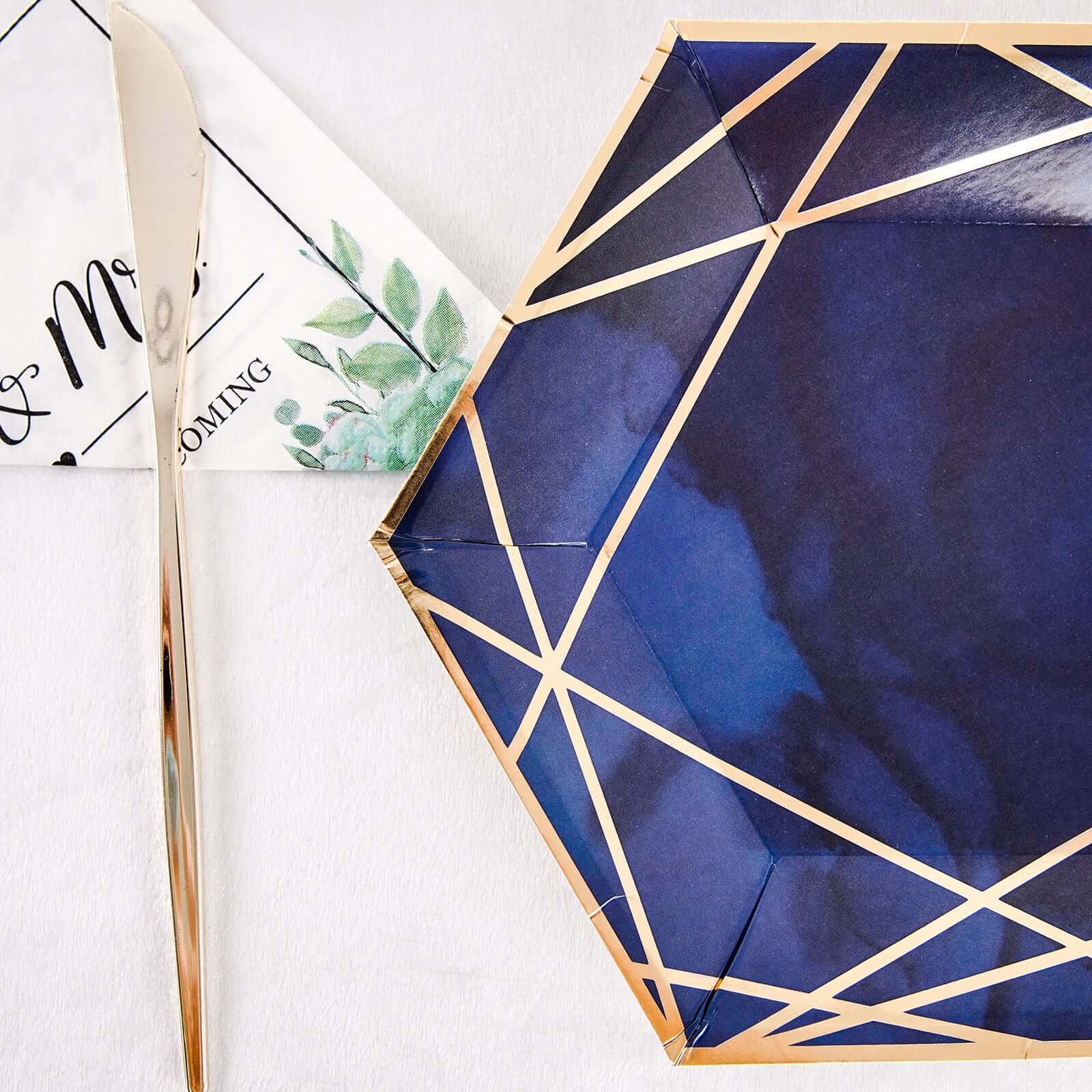 25-Pack Navy Blue & Gold Geometric Hexagon Disposable Paper Appetizer & Salad Dessert Plates