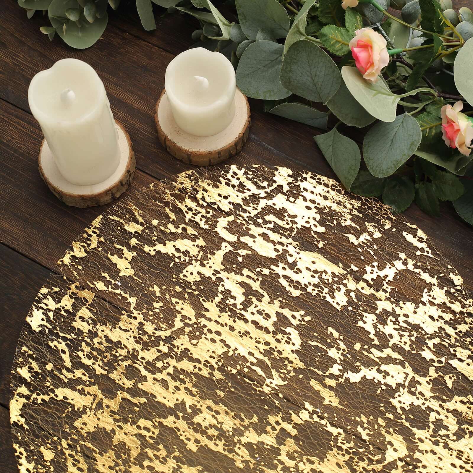 10-Piece Metallic Gold Round Foil Design Disposable Shiny Table Placemats 13 Inches