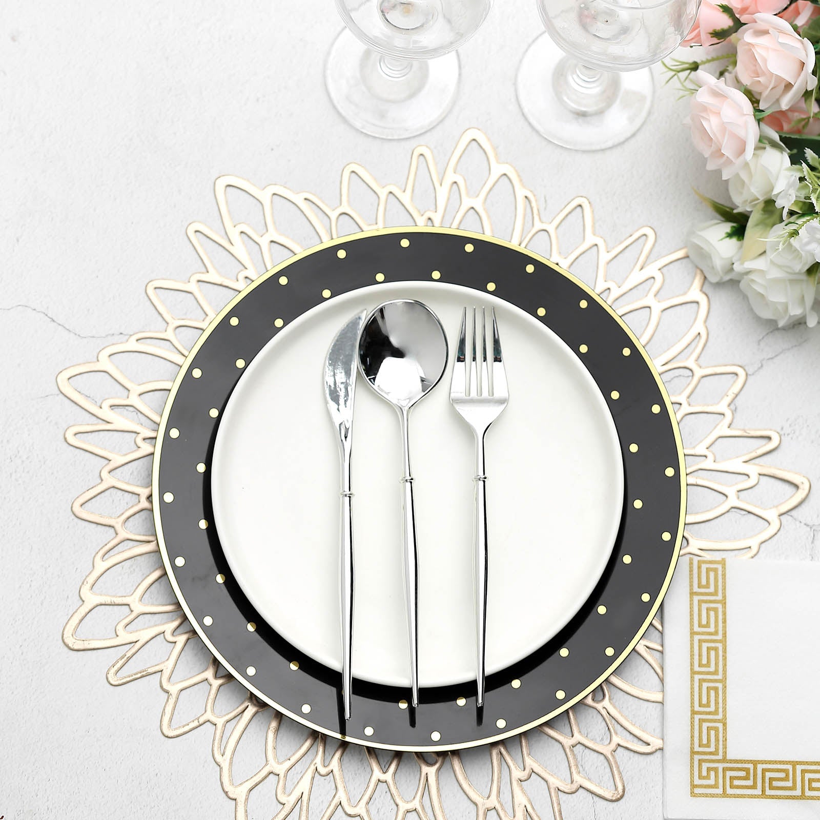 10-Pack Black Plastic Dinner Plates with Gold Dot Rim, Disposable and Sturdy