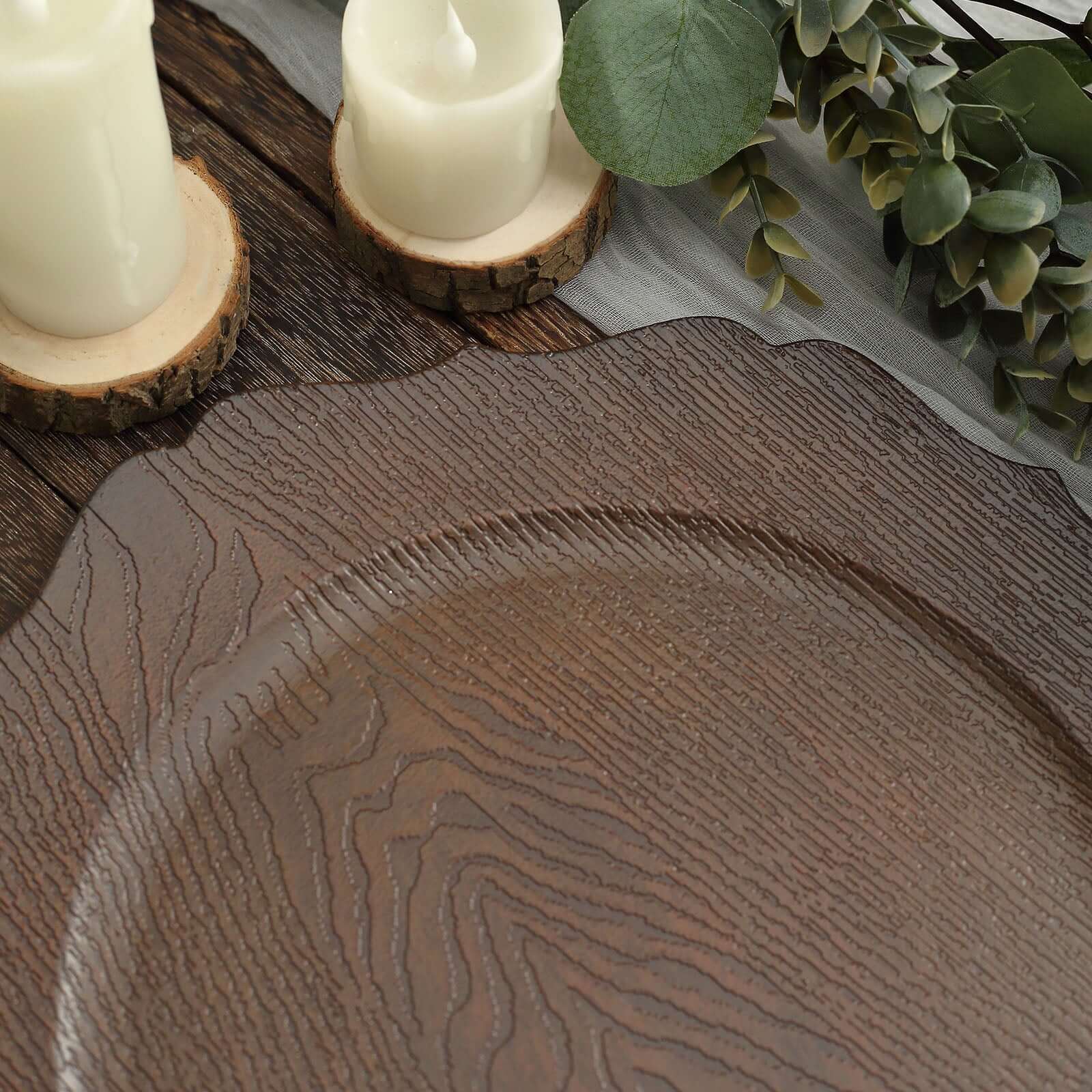 Hot Sale! 6-Pack 13-inch Rustic Brown Acrylic Charger Plates with Wood Grain Scalloped Rim for Dinner Parties