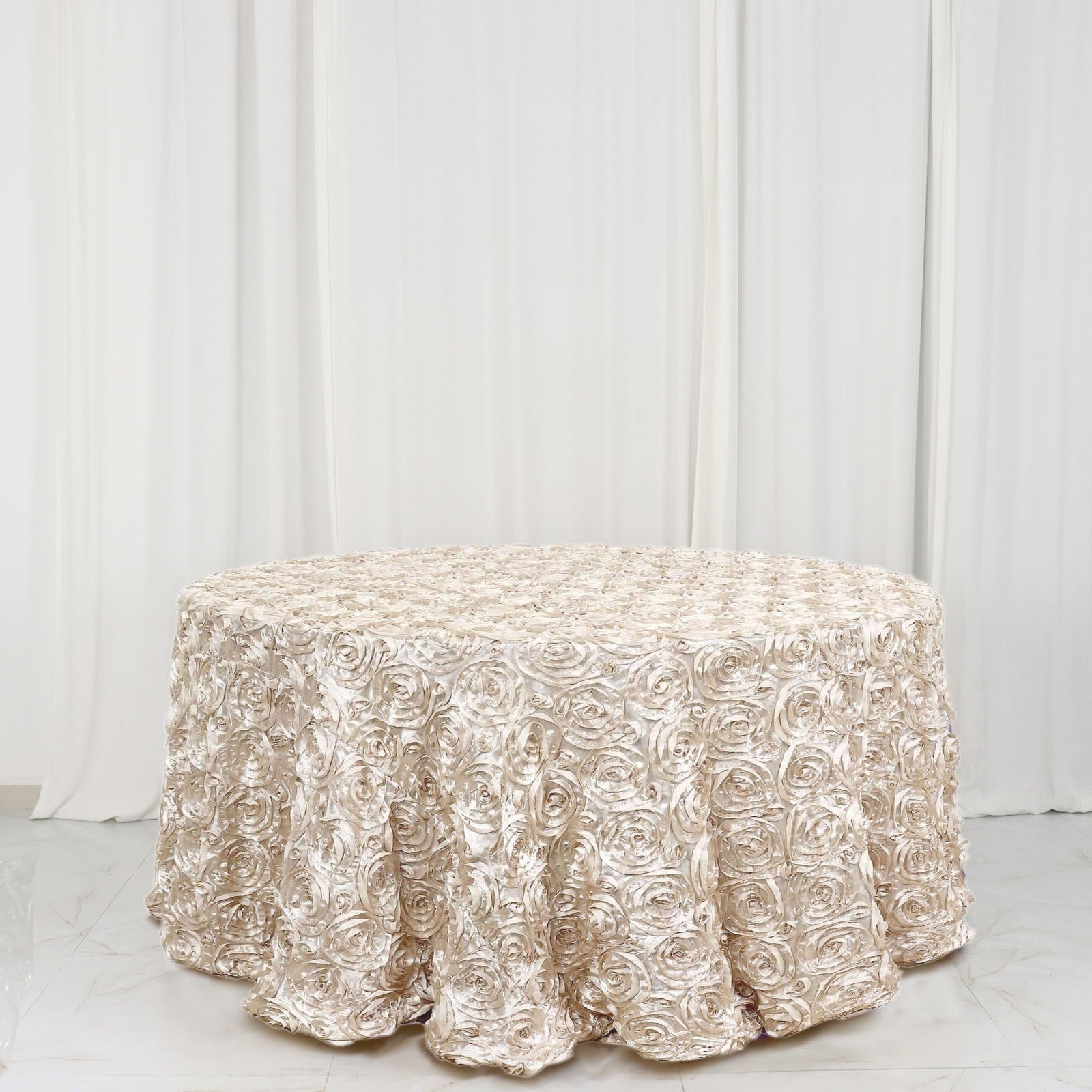 Beige High - Quality Satin 120 - inch Round Tablecloth with 3D Rosette Design