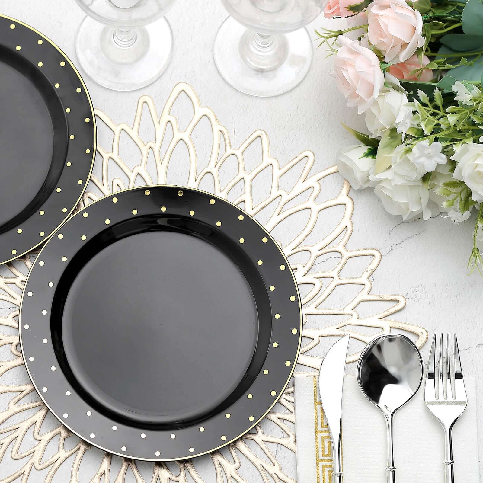 10-Piece Set of 7.5-Inch Black Plastic Dessert Plates with Gold Dot Rim, Disposable Salad Plates