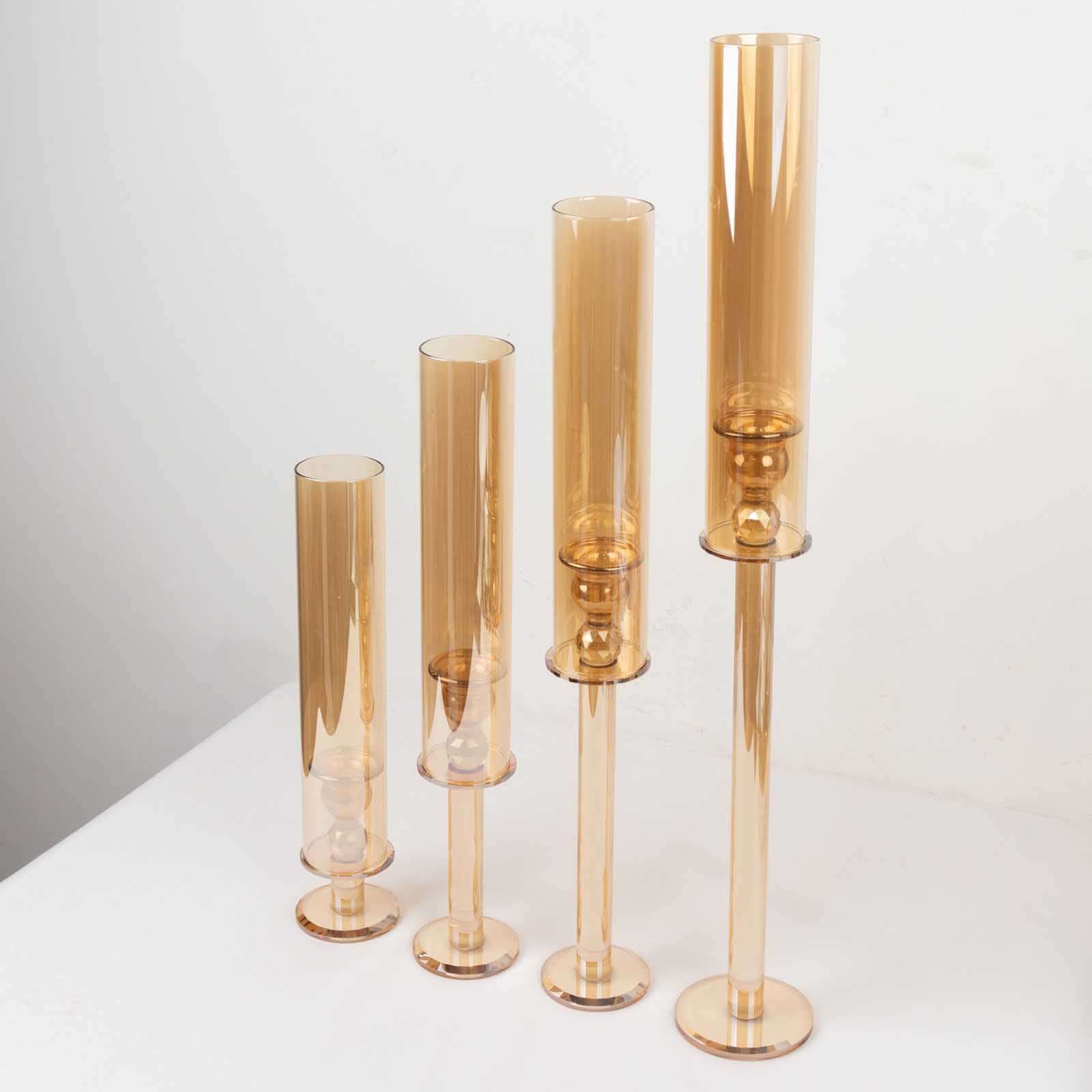 Set of 4 Crystal Glass Hurricane Taper Candle Holders, Decorative Tall Candle Stands Gold Cylinder Chimney Tubes 14, 18, 22, 26