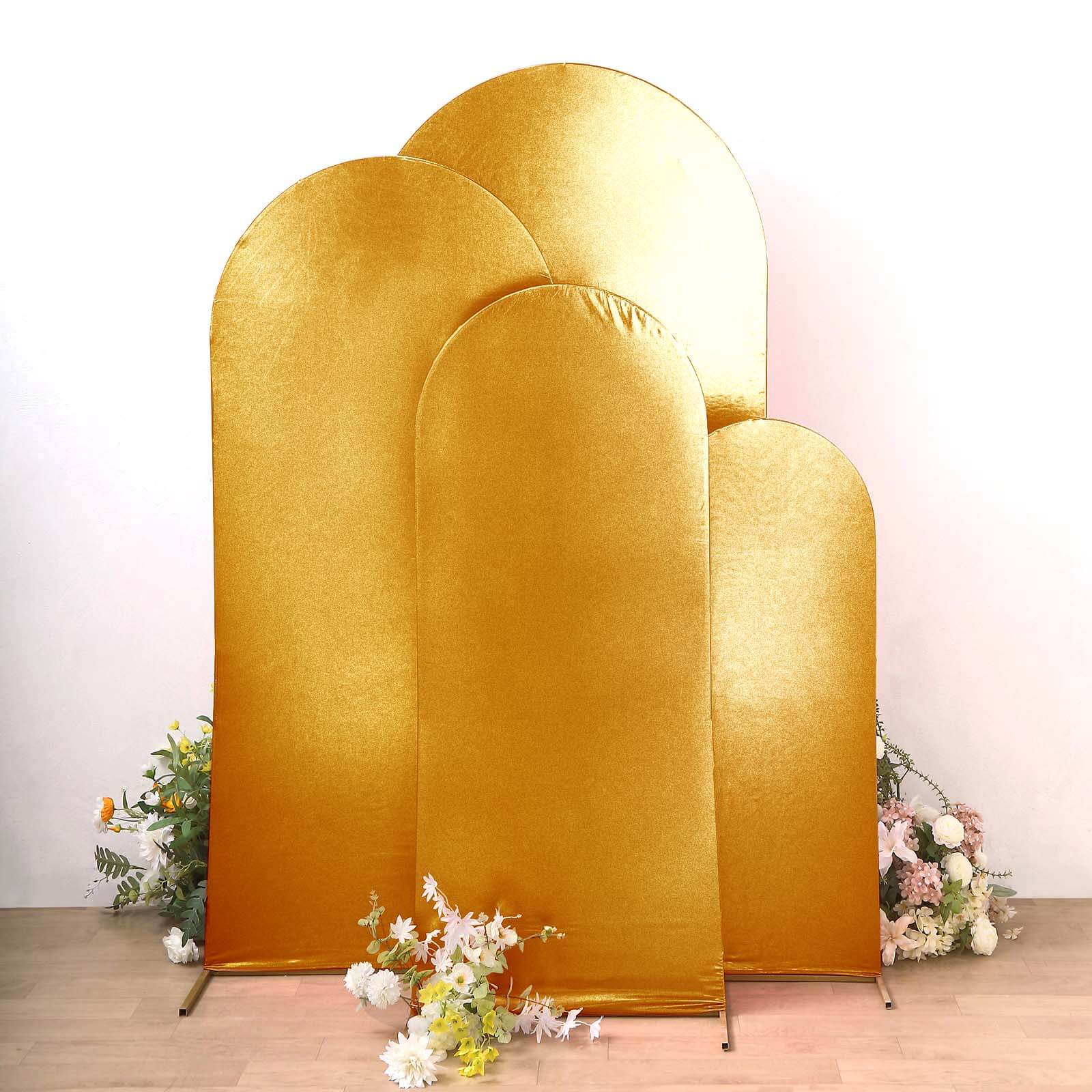 4-Piece Gold Metallic Spandex Wedding Arch Covers for Round Top Backdrops - 4ft to 7ft Sizes