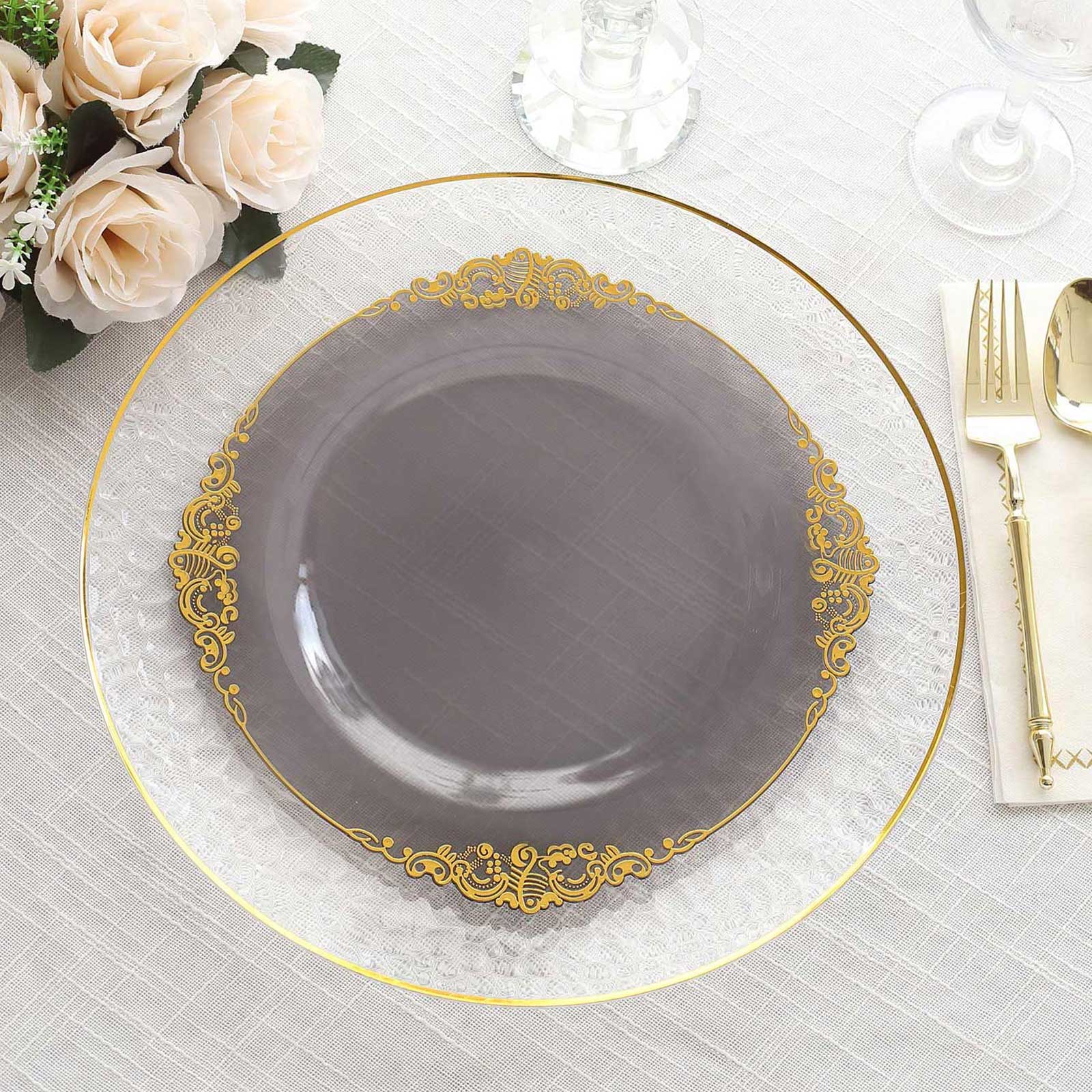 10-Pack Disposable Vintage Baroque Plastic Round Dinner Plates - Transparent Black with Gold Leaf Embossed Rim