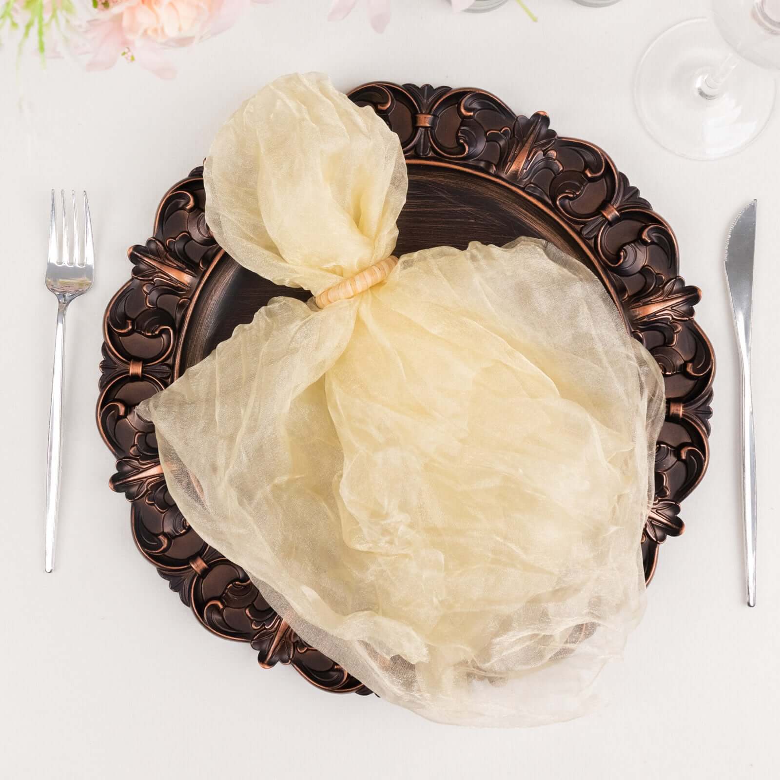 5-Pack Champagne Crinkled Organza Dinner Napkins for Rustic Parties and Weddings