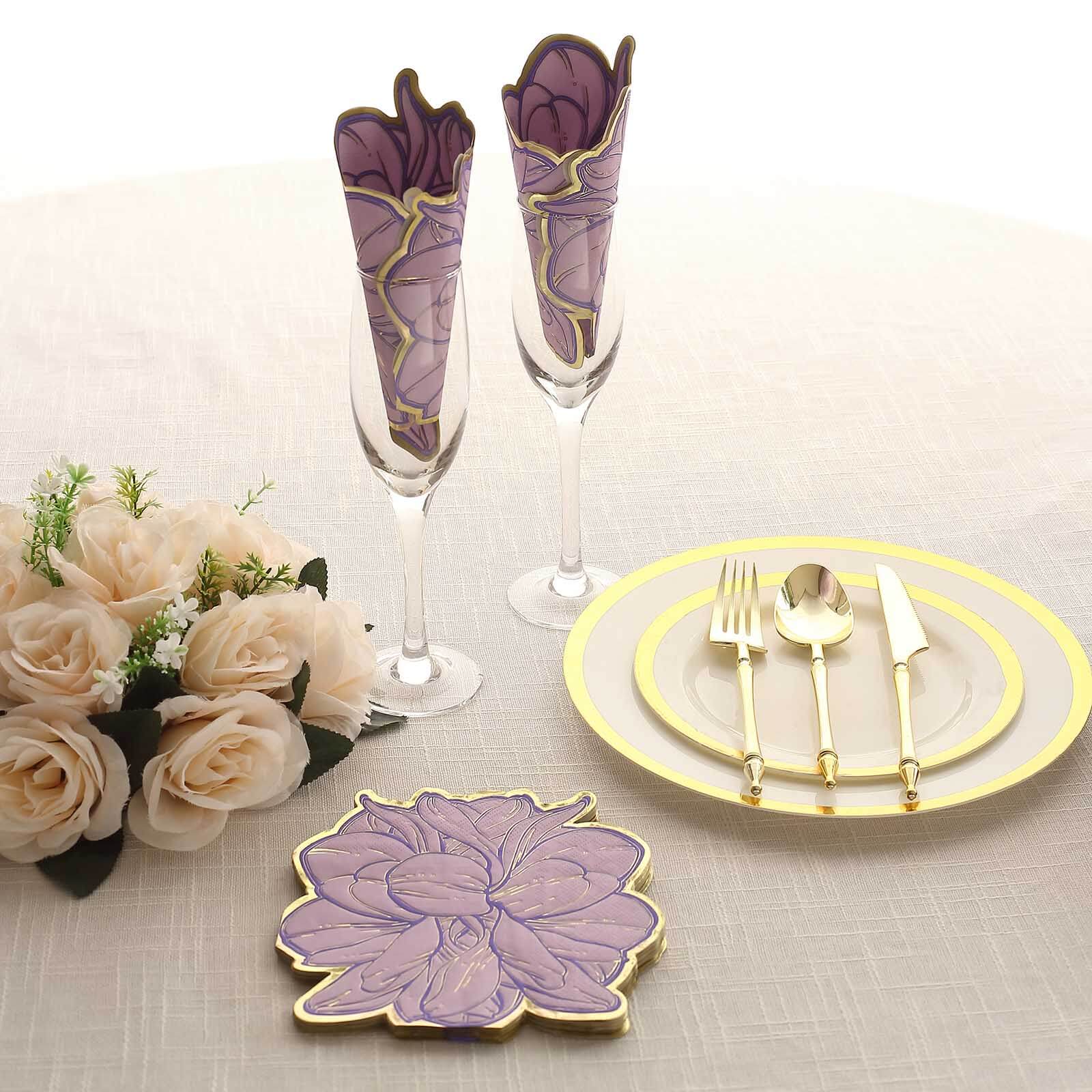 Get 20-Pack Disposable Cocktail Paper Napkins with Purple Peony & Gold Edges for Parties