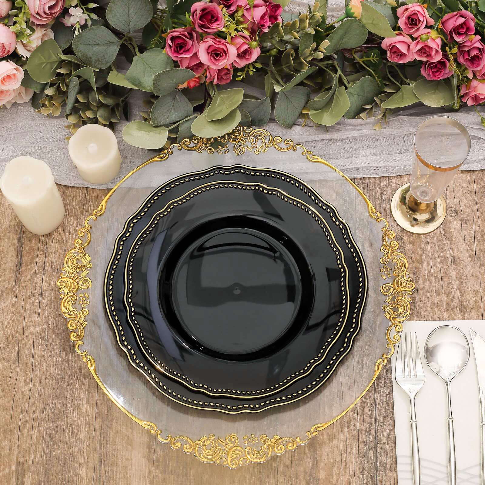 10-Piece Set of Disposable Black Plastic Dinner Plates with Gold Scalloped Rim