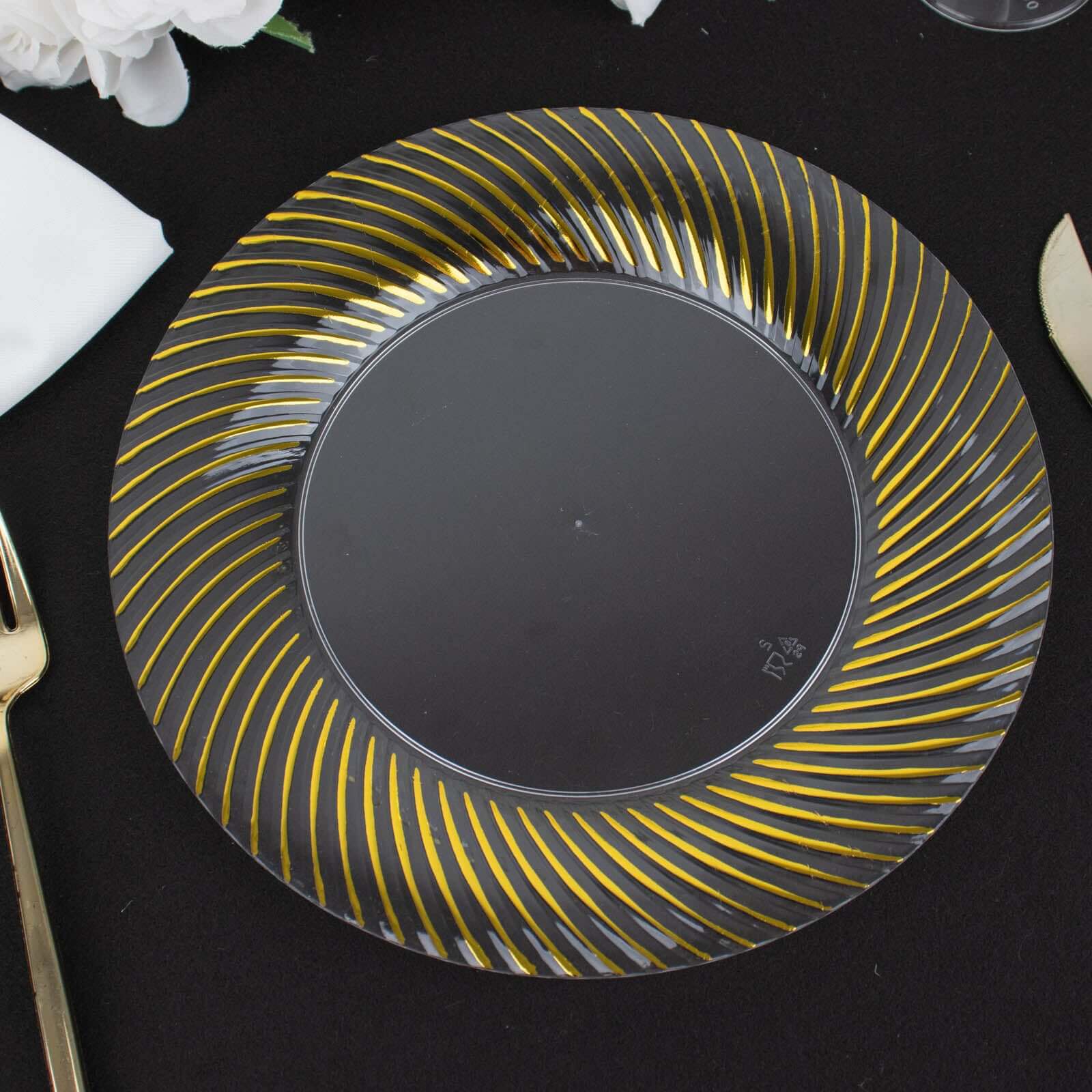 10-Pack Clear Plastic Round Dinner Plates with Gold Swirl Rim - Ideal Disposable Plates for Elegant Parties