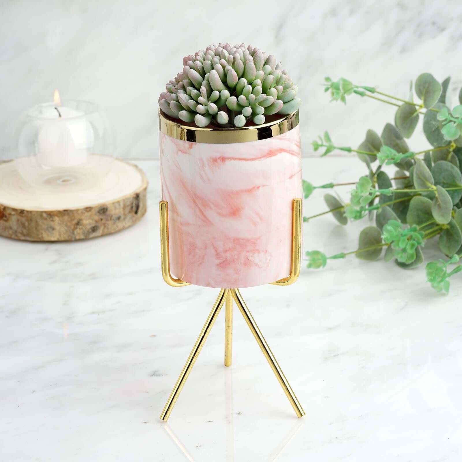 8-Inch Decorative Gold-Rimmed Pink Marble Ceramic Planter with Gold Metal Stand