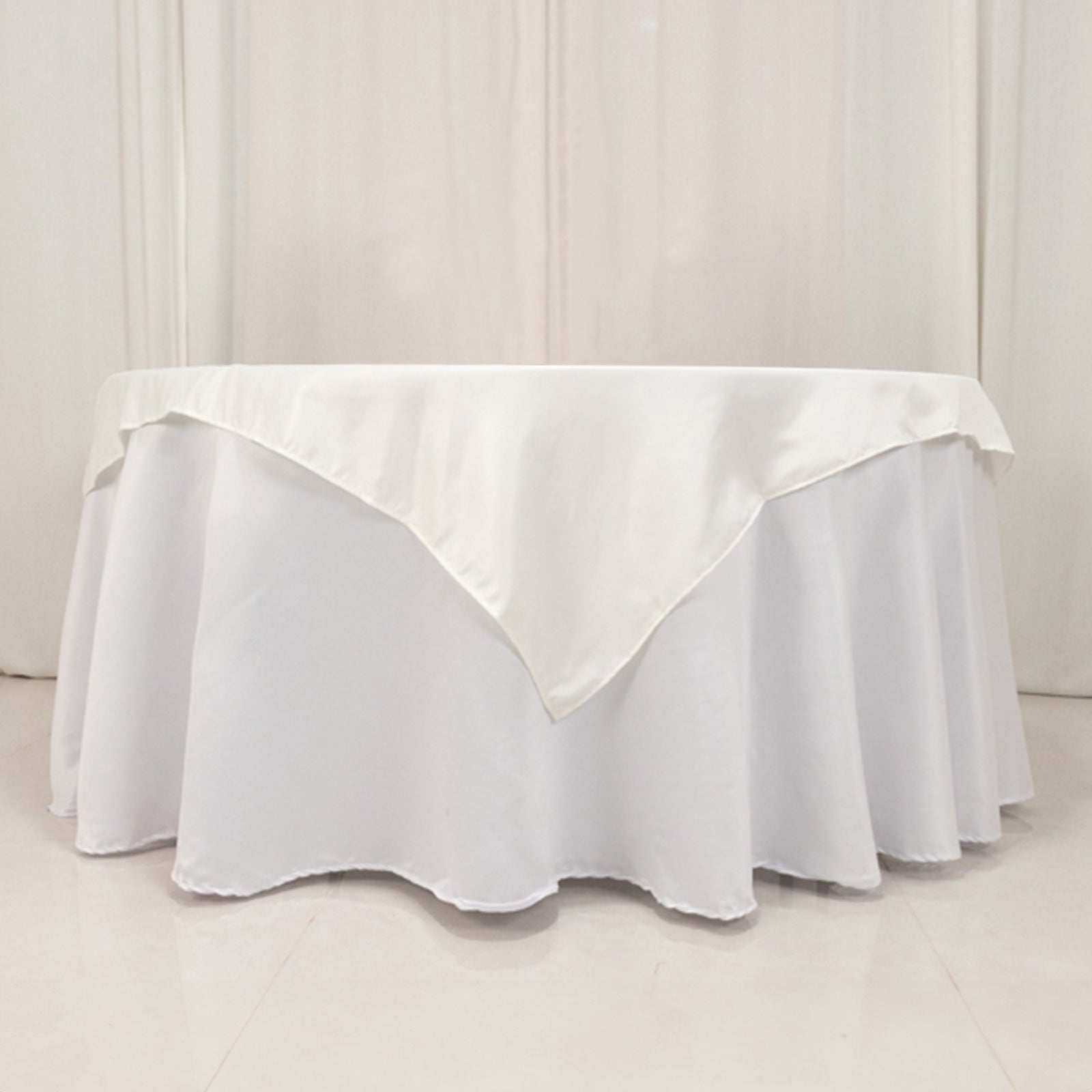 Ivory 54x54 Lamour Satin Square Table Overlay - Durable Silk-Like Table Cover