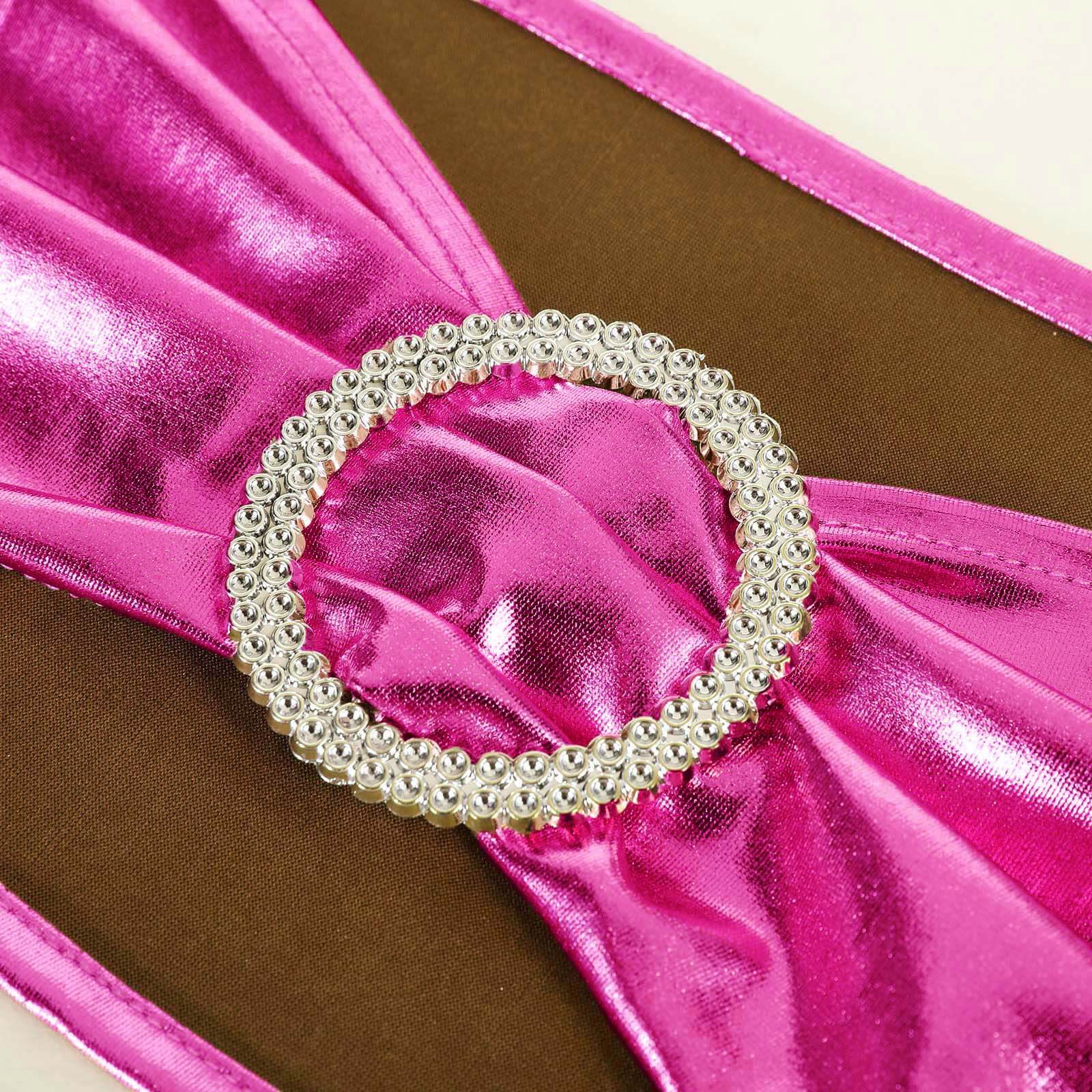Hot Deal! 5-Piece Set of Fuchsia Metallic Spandex Chair Sashes with Round Diamond Plastic Buckles