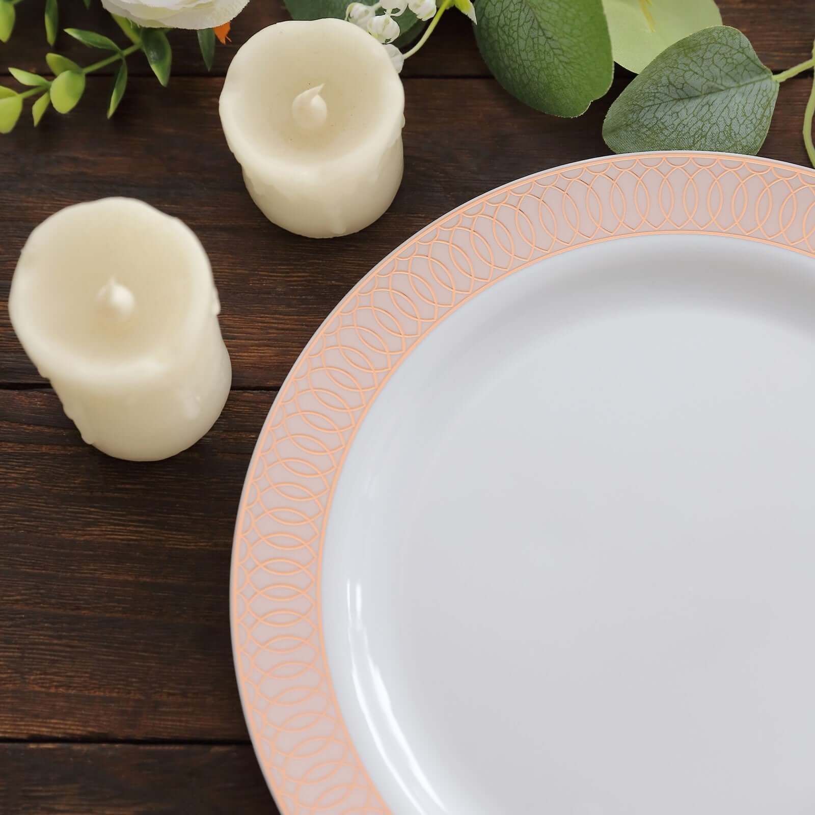 10-Piece Set of White Plastic Round Dinner Plates with Blush Rose Gold Spiral Rim for Parties