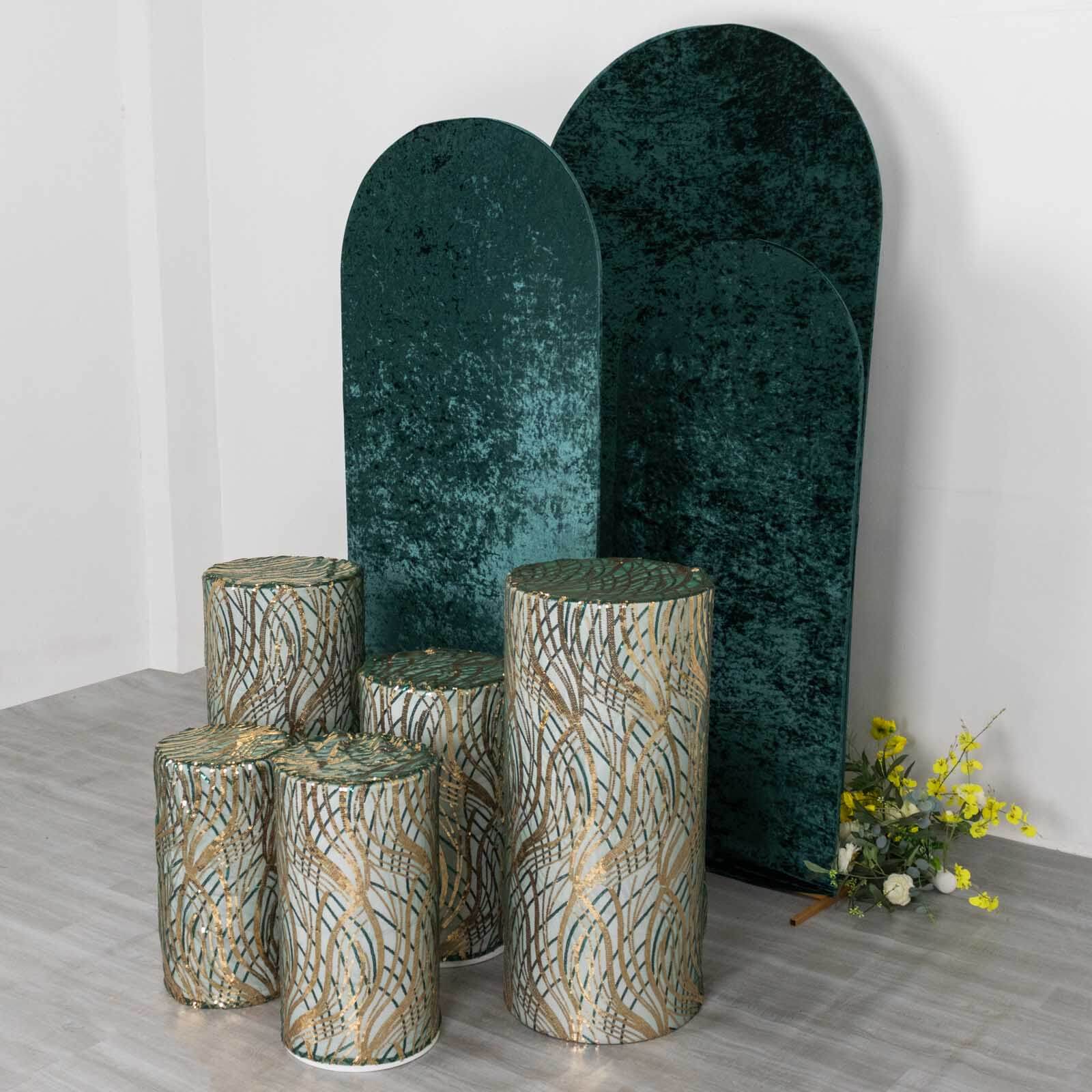 Hot Deal! Set of 5 Emerald Green Wave Sequin Mesh Cylinder Pedestal Stand Covers