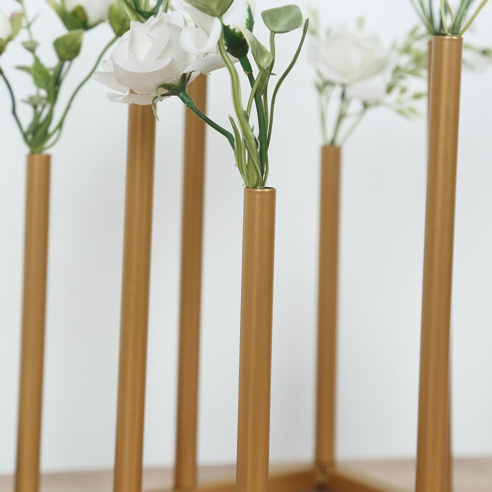 Single Stem Gold Metal Minimalist 8-Tube Flower Vase with Square Base, 10-Inch Tall