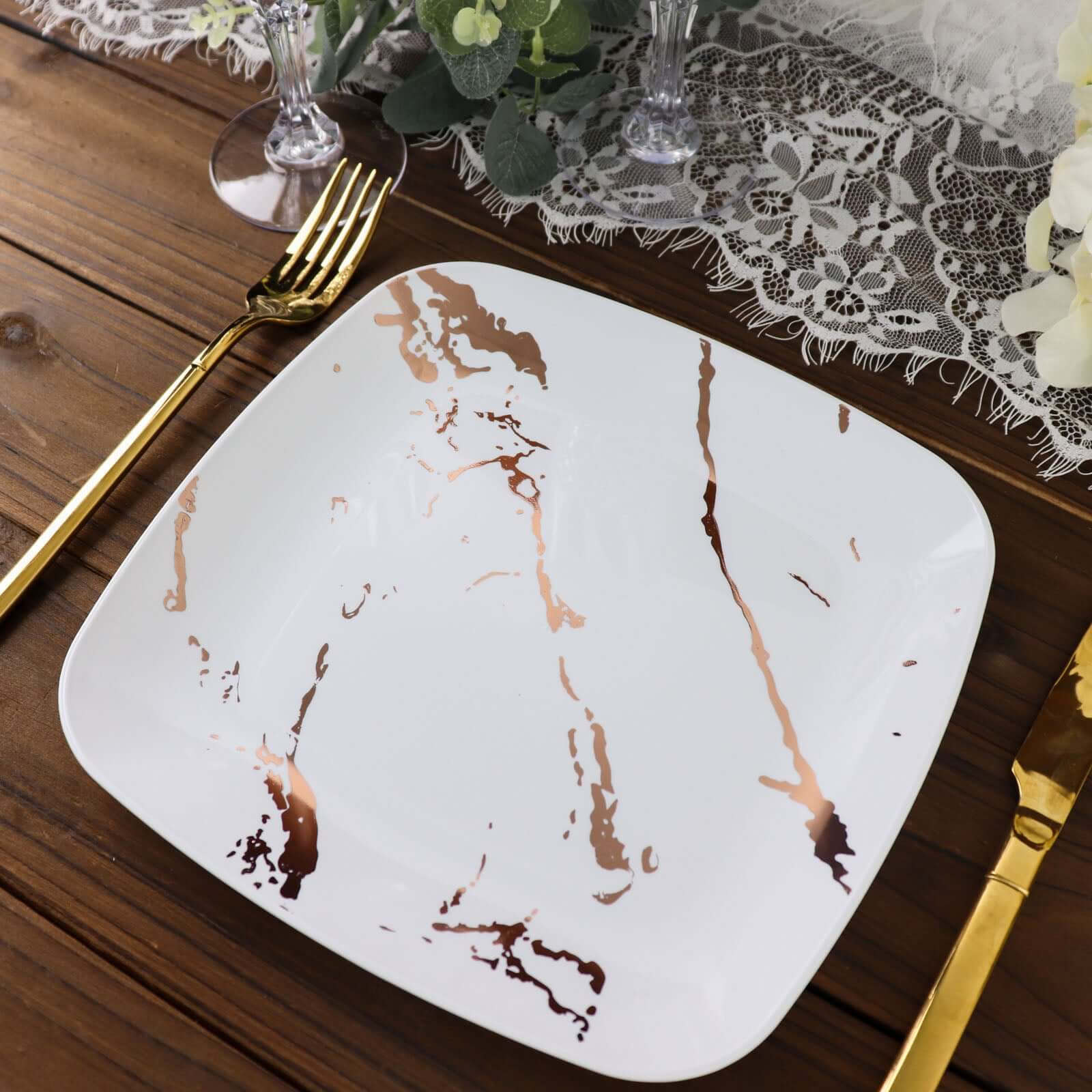 10-Pack Disposable White Plastic Dessert Plates with Rose Gold Marble Design - Ideal for Parties