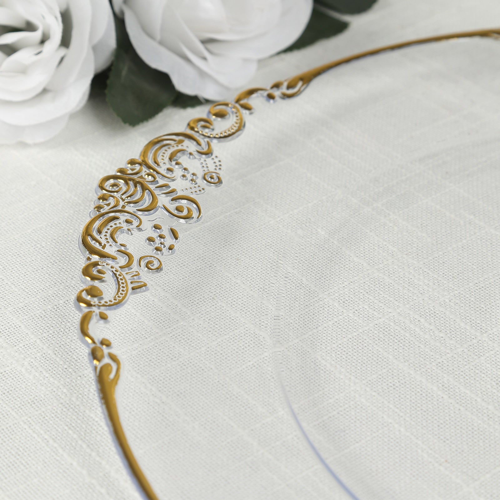 20-Pack Clear Plastic Round Charger Plates with Gold Embossed Baroque Rim - Ideal for Dinner Parties