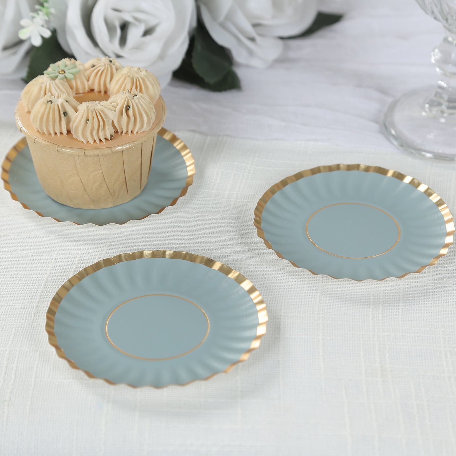 50-Piece Set of 3.5-Inch Disposable Dusty Blue Paper Dessert Plates with Gold Scalloped Edges