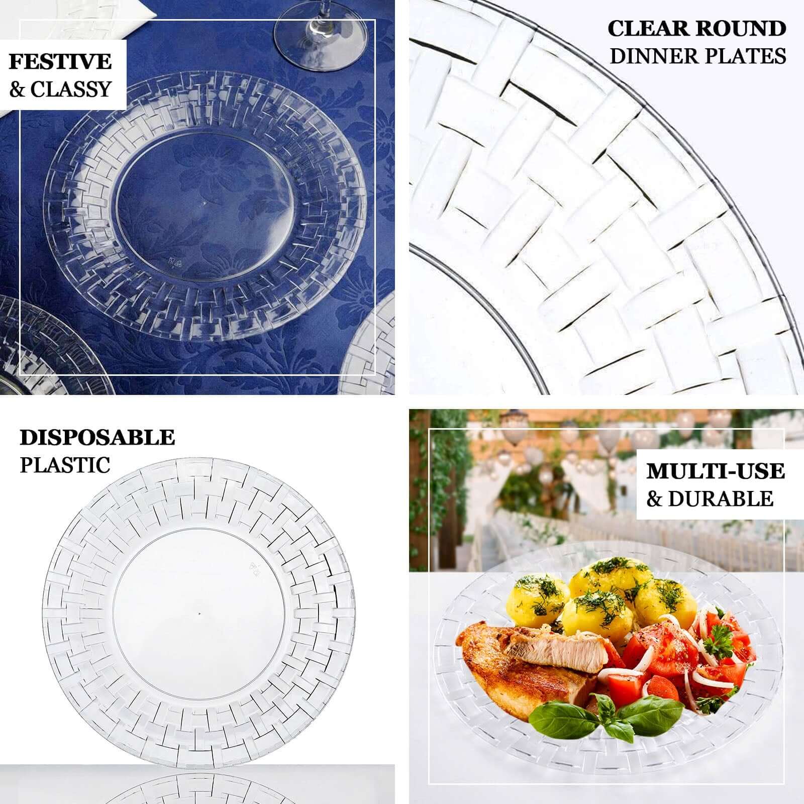 10-Piece Set of 7-Inch White Basketweave Rim Round Disposable Plastic Salad & Dessert Plates