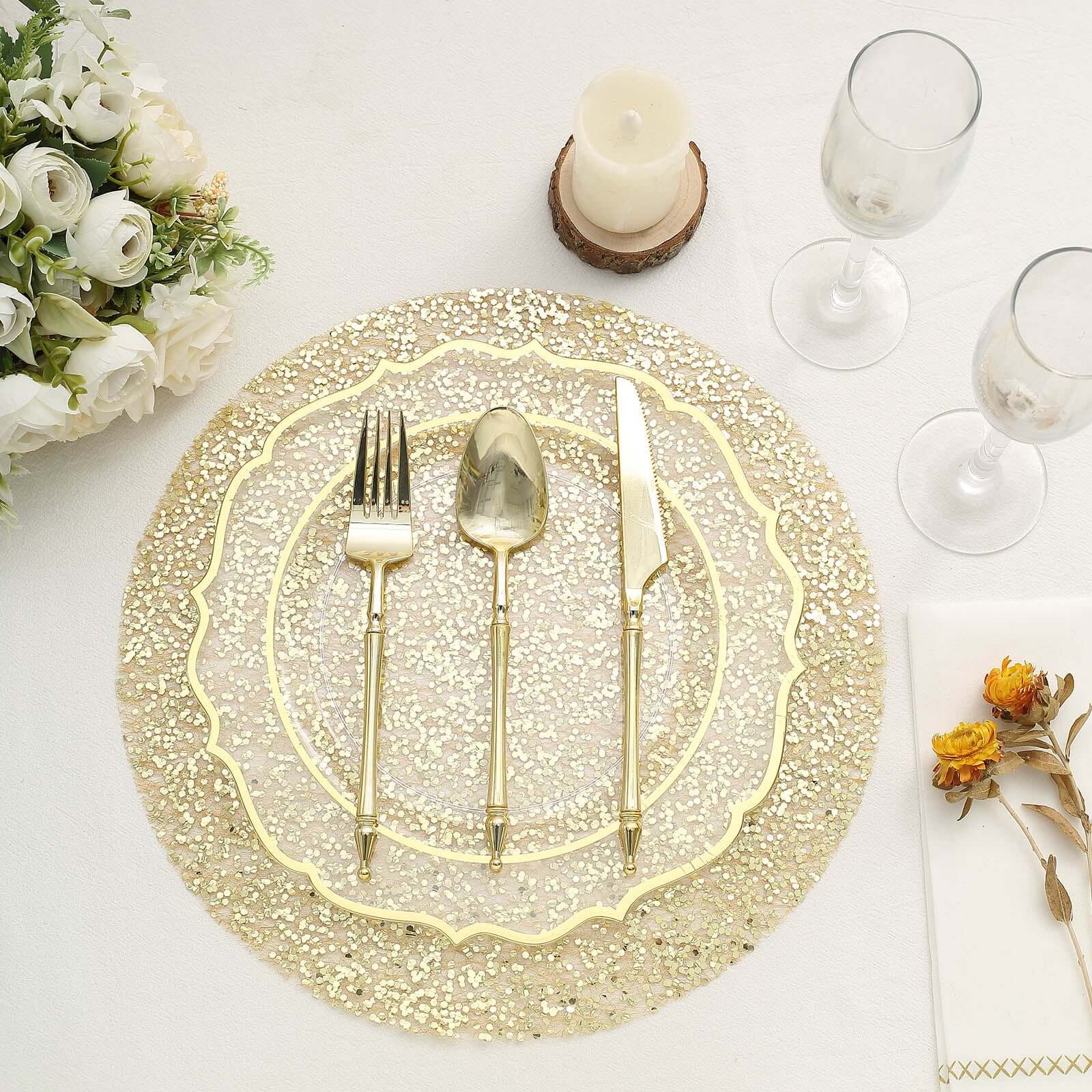 10-Piece Set of Disposable, Dust-Free Metallic Gold Sequin Round Table Placemats, 13 Inches