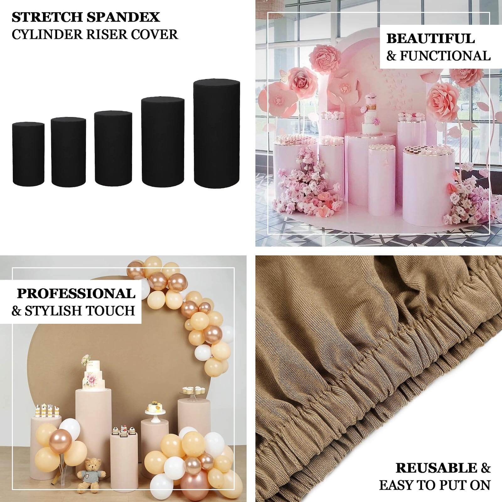 Hot Deal! Set of 5 Stretchable Beige Spandex Cylinder Pedestal Stand Covers, 160 GSM