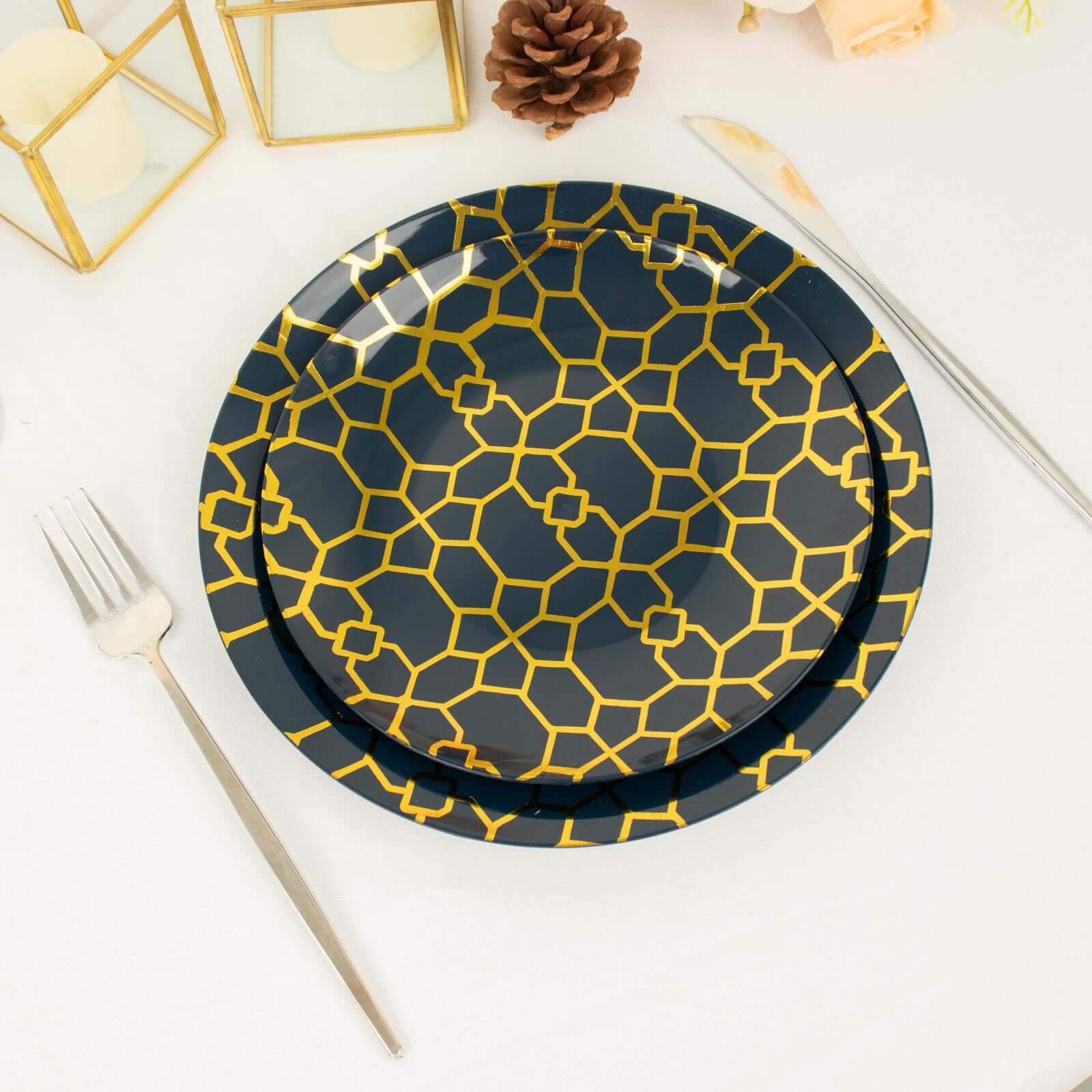 Hot Deal! 20-Pack Navy Blue Plastic Dinnerware Set with Gold Geometric Print for Weddings