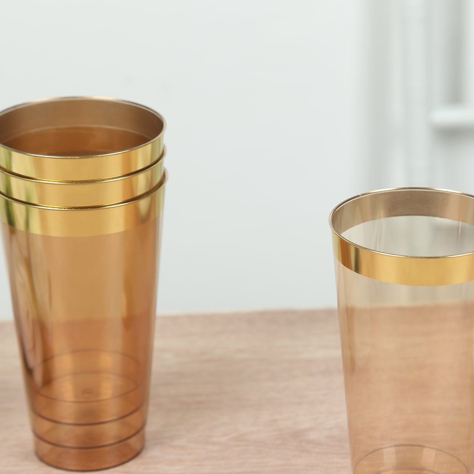 12-Pack 17oz Durable Disposable Plastic Party Cups - Transparent Amber Gold with Gold Rim