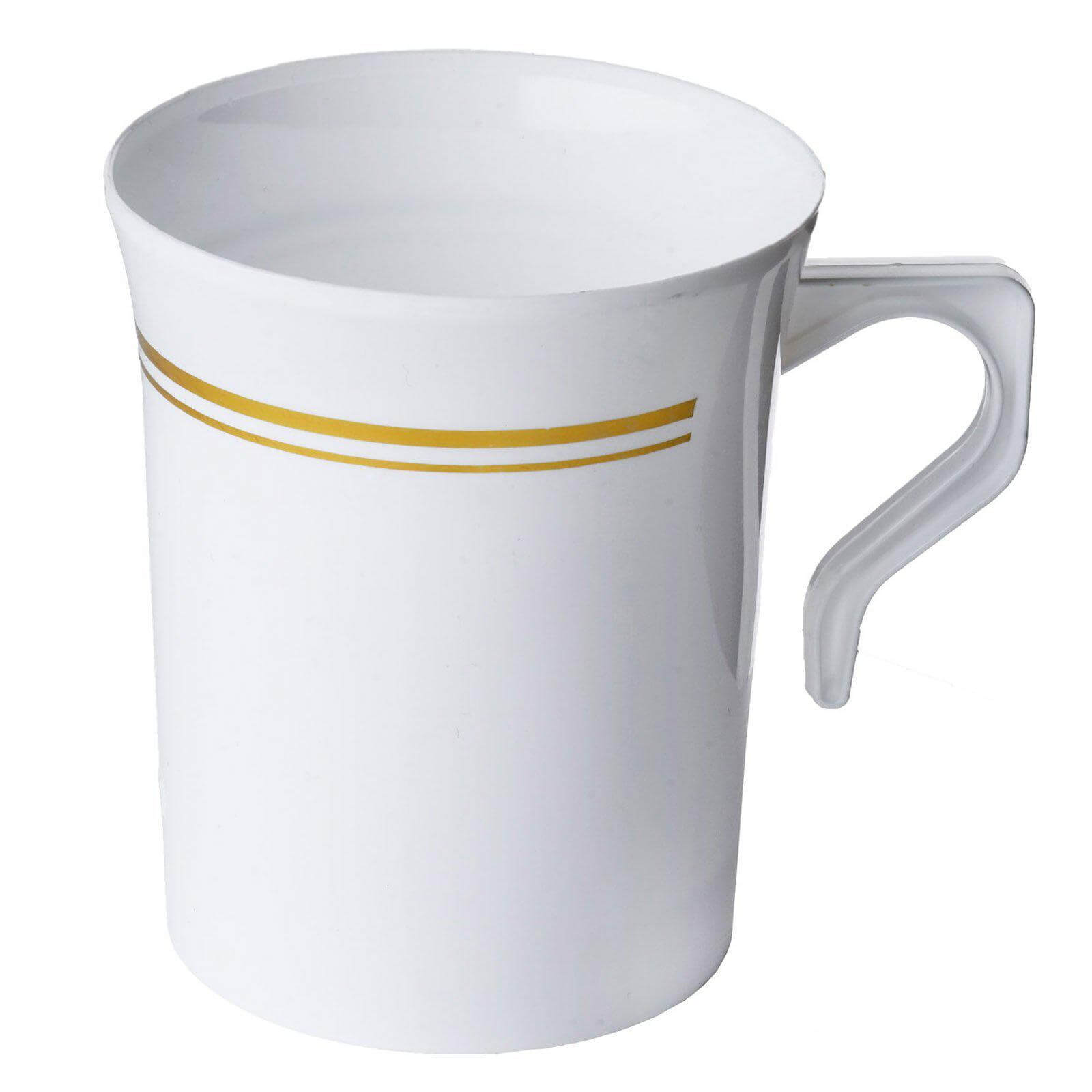 8-Piece Set of Disposable White Plastic Coffee Mugs with Gold Stripes - 8oz Sturdy Cups for Coffee & Tea