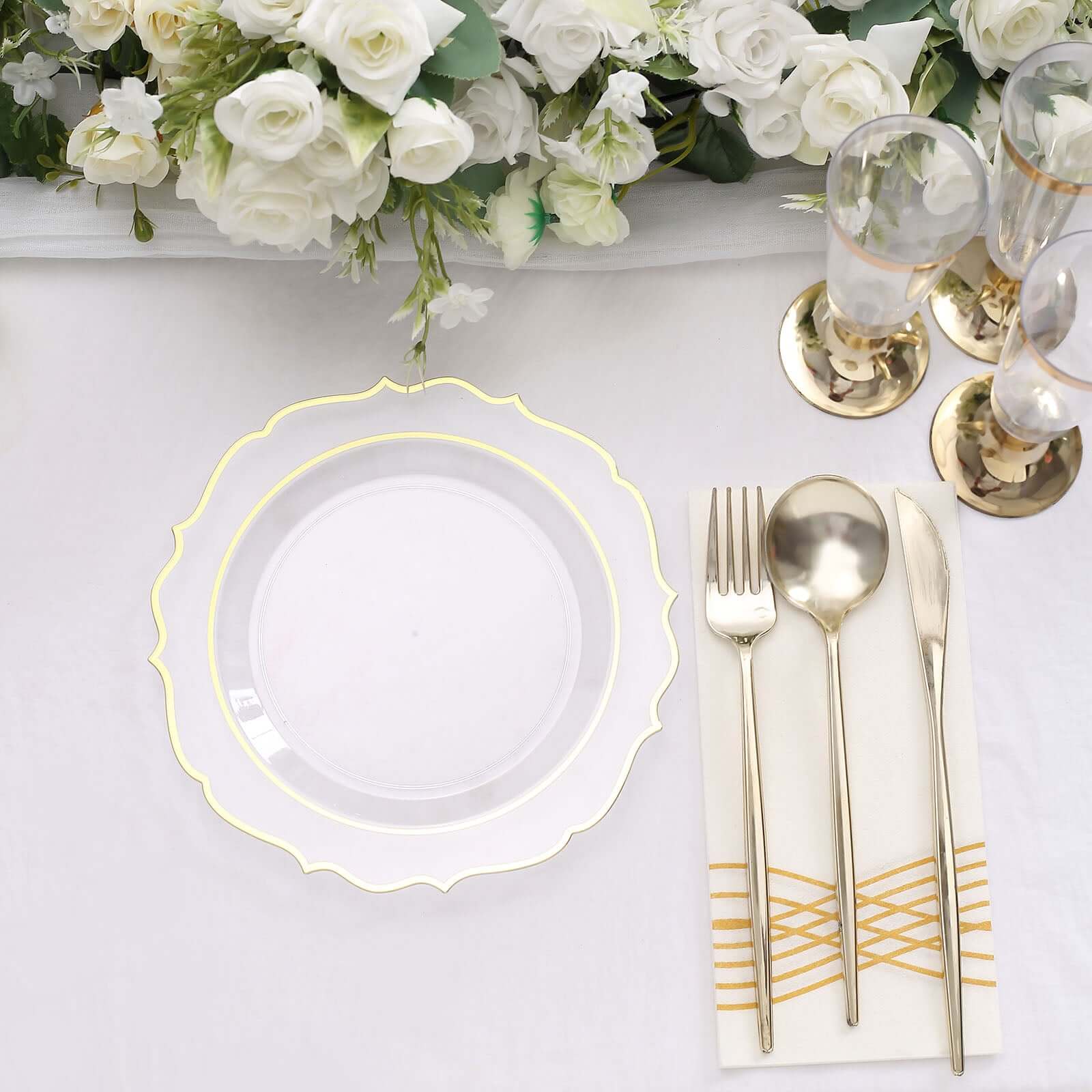10-Piece Set of Clear Plastic 8-Inch Round Desert Plates with Gold Scalloped Rims - Disposable Appetizer/Salad Plates