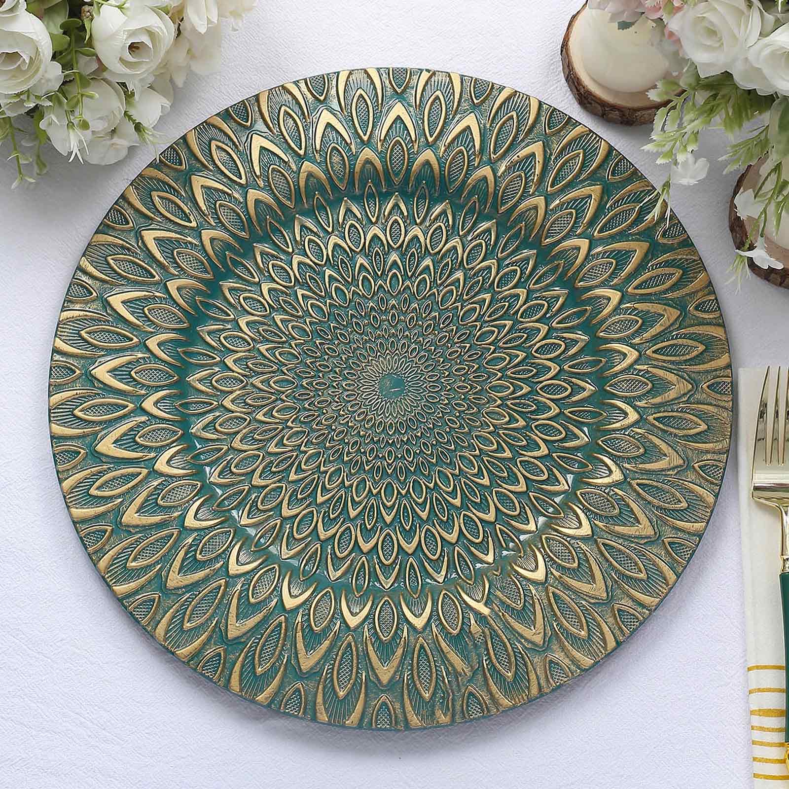 6-Piece Set of 13-Inch Teal Plastic Charger Plates with Gold Embossed Peacock Design