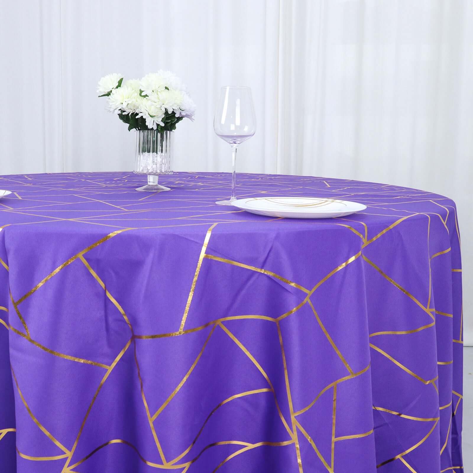 Hot! Wrinkle-Resistant Purple Polyester Round Tablecloth with Gold Foil Geometric Pattern, 120" Dia.