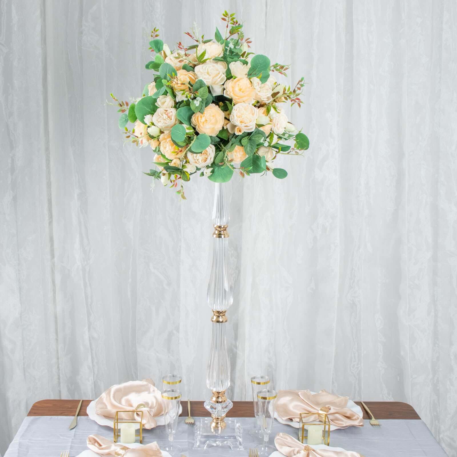 32-inch Gold and Clear Acrylic Crystal Pillar Candle Stand for Wedding Centerpieces