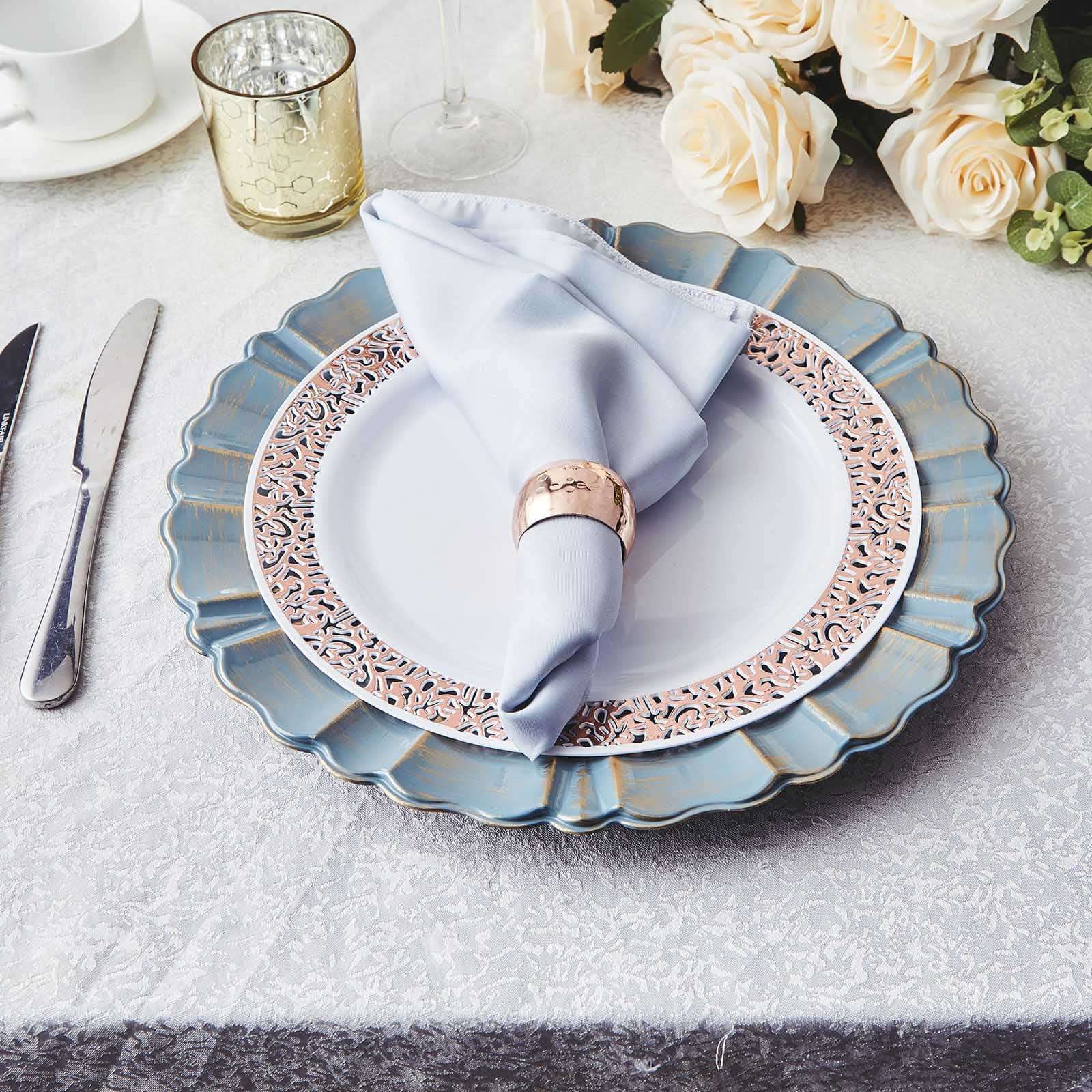 6-Piece Set of 13-Inch Dusty Blue Acrylic Plastic Round Charger Plates with Gold-Brushed Scalloped Rim for Dinner Parties