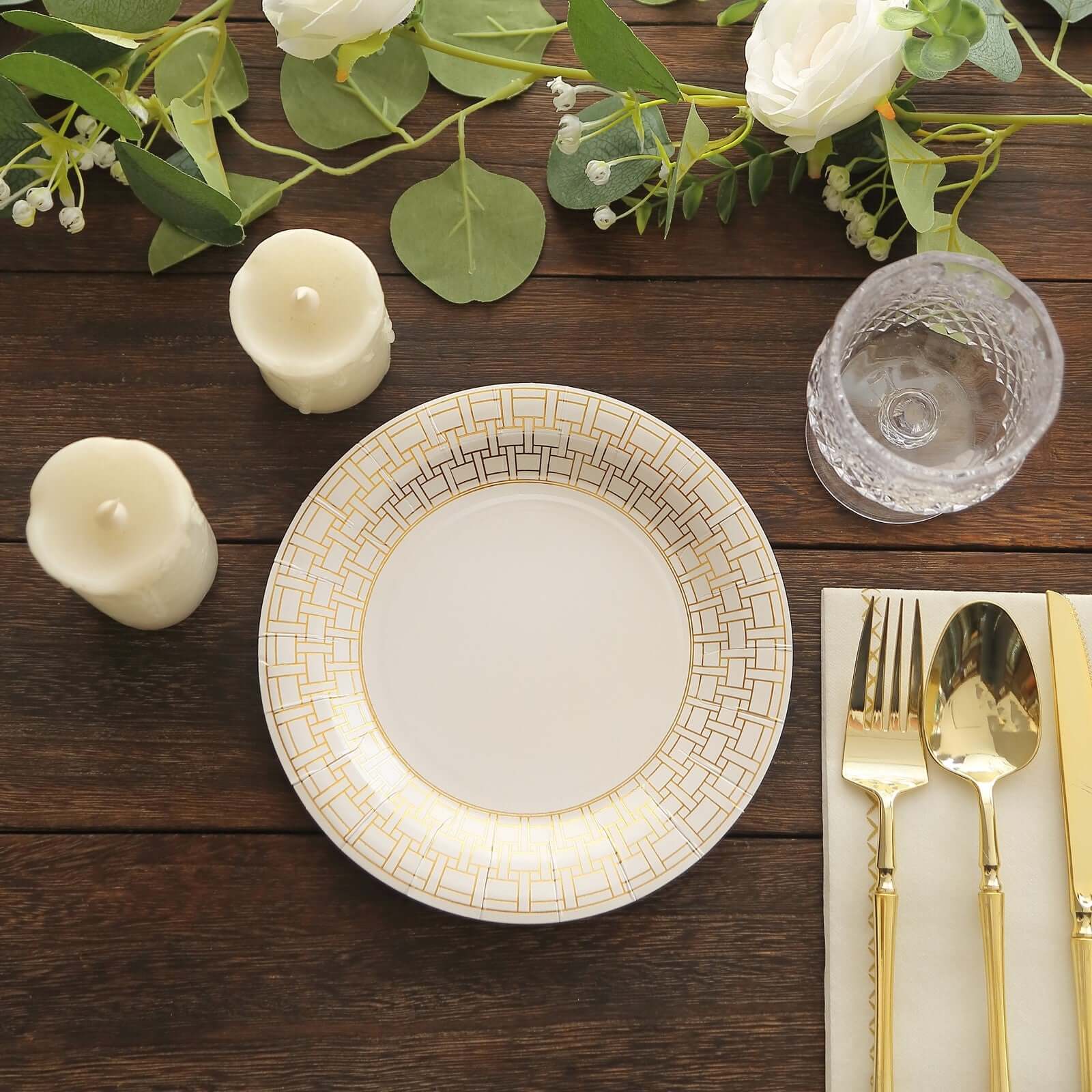 25-Piece Set of 7-Inch White Paper Dessert Plates with Elegant Gold Basketweave Rim