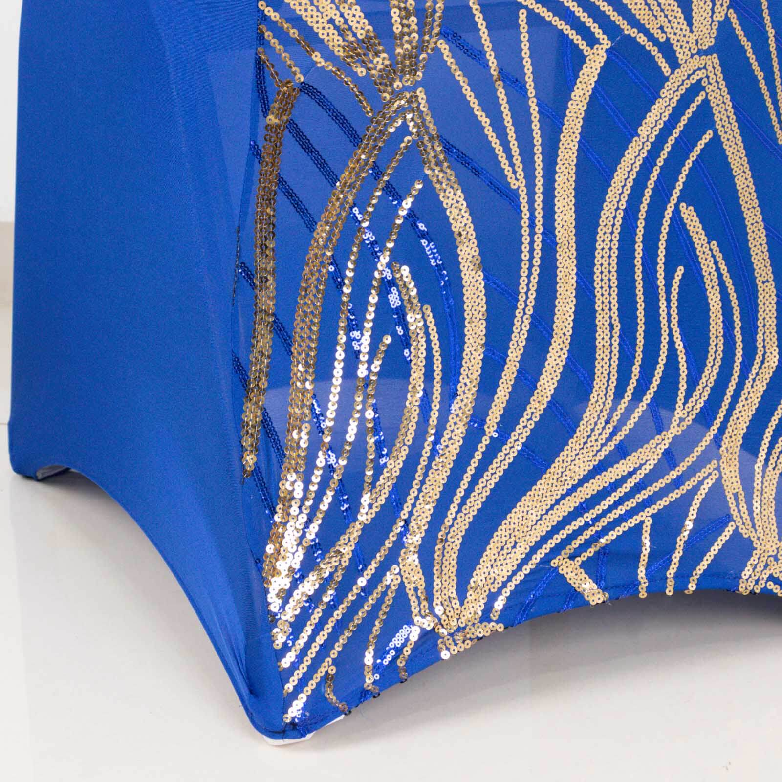 Royal Blue and Gold Spandex Banquet Chair Cover with Wave - Embroidered Glittering Sequins