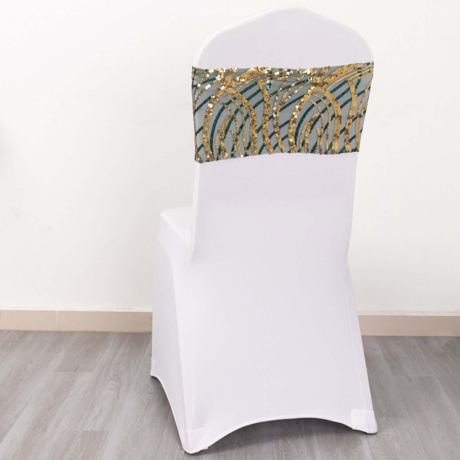 Hot Deal! 5-Pack Hunter Emerald Green/Gold Chair Sash Bands with Wave Embroidered Sequins