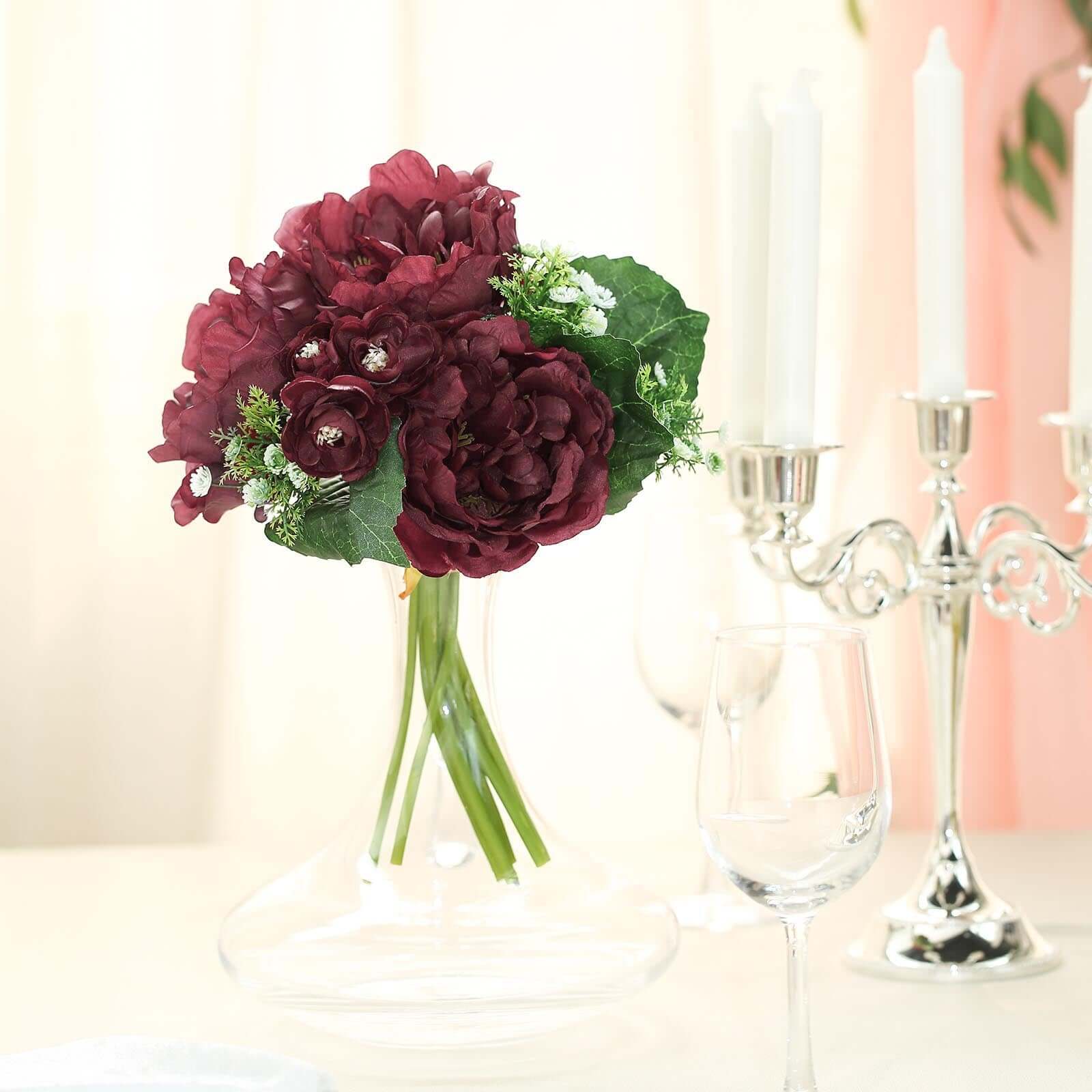 Hot Sale! 12-piece Burgundy Artificial Silk Peony Bouquet for Various Decorations