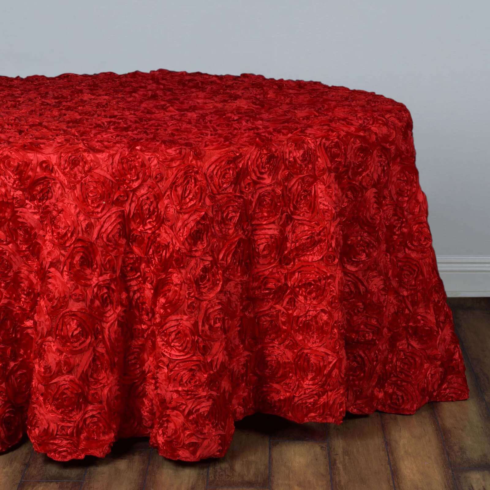Hot Sale! Red Satin 132-Inch Round Tablecloth with Seamless 3D Rosette Design
