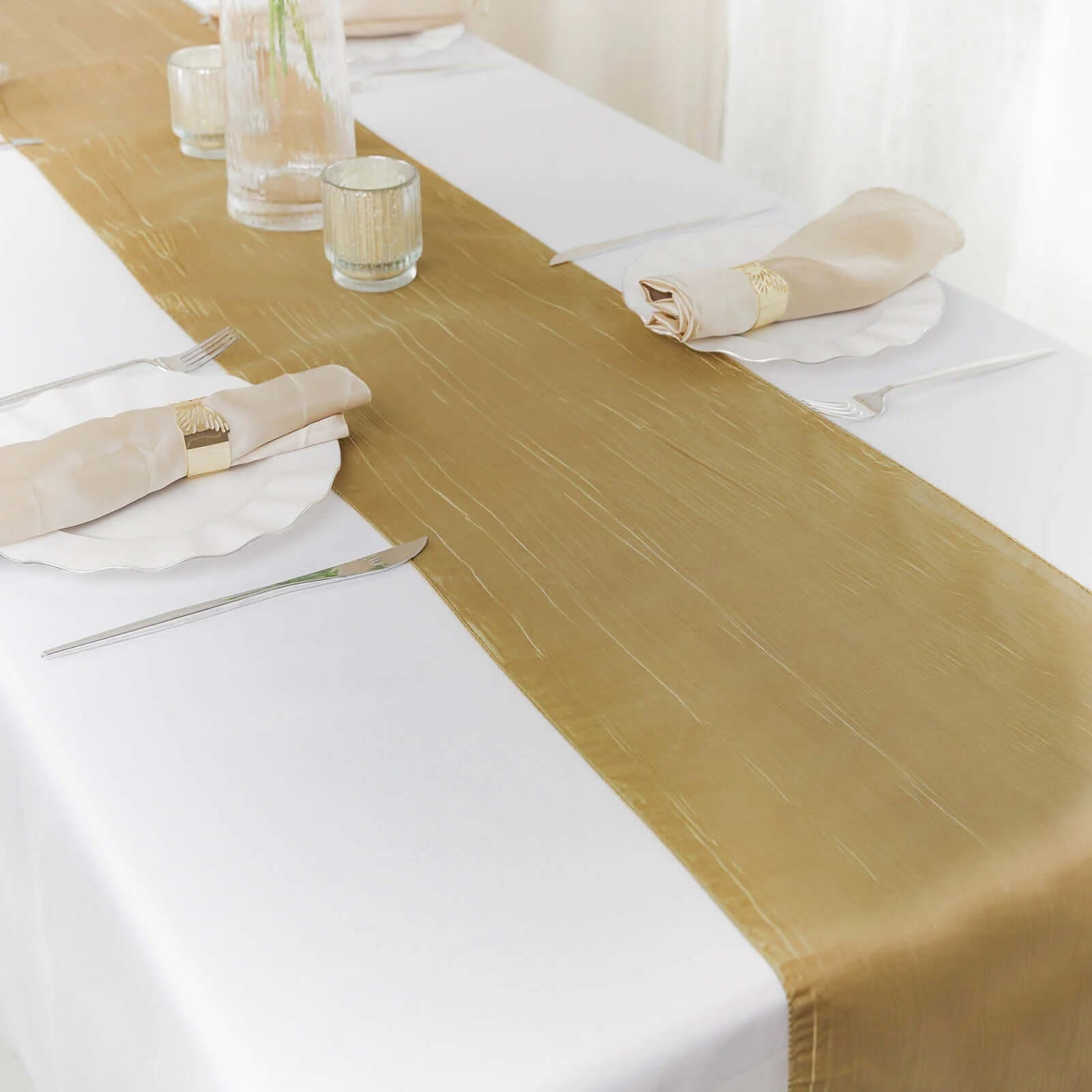 Exclusive Gold Taffeta 12x108 Table Runner with Accordion Crinkle for Modern Gatherings