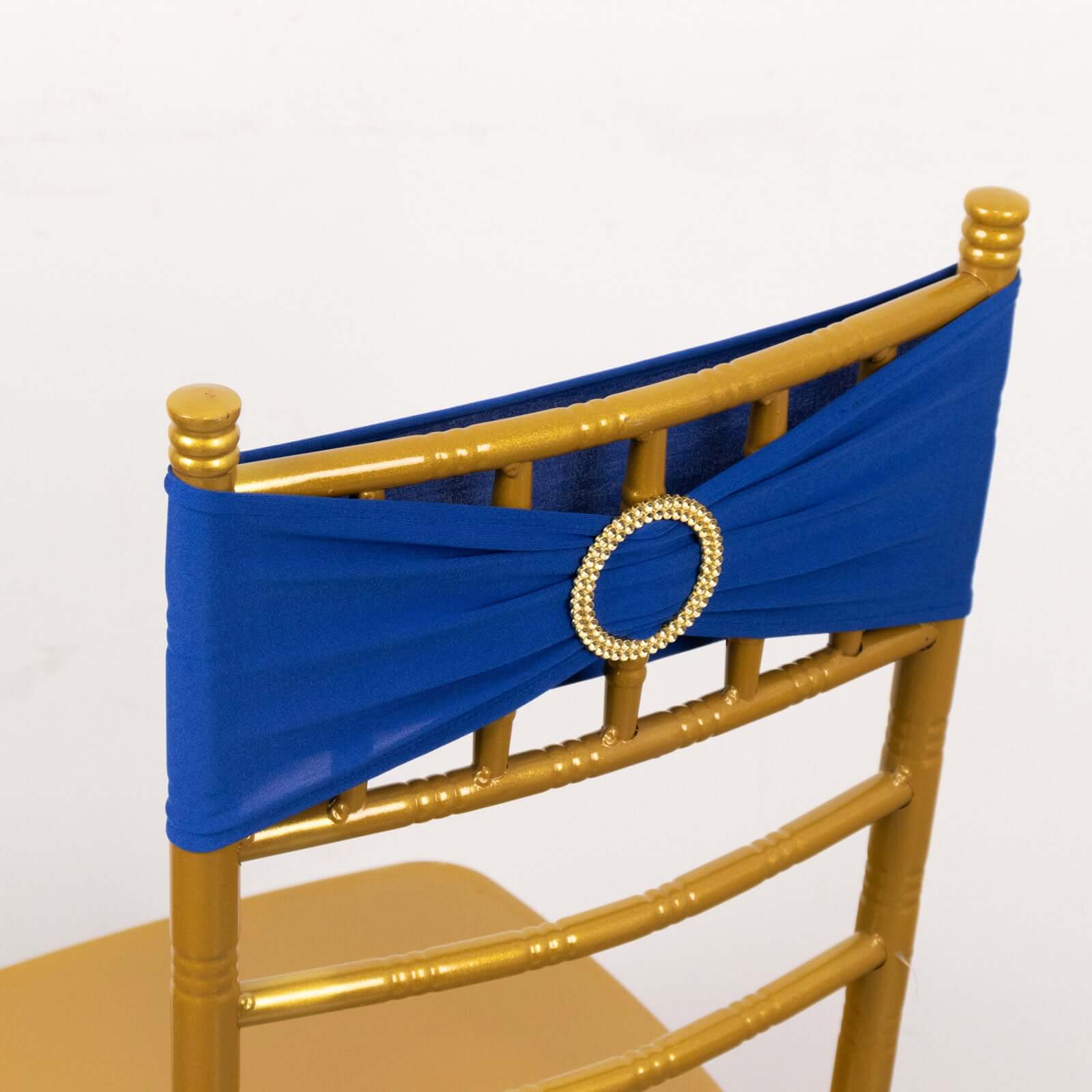 Royal Blue Spandex Chair Sashes with Gold Rhinestone Buckles - 5 Pack, Reusable & Four-Way Stretch