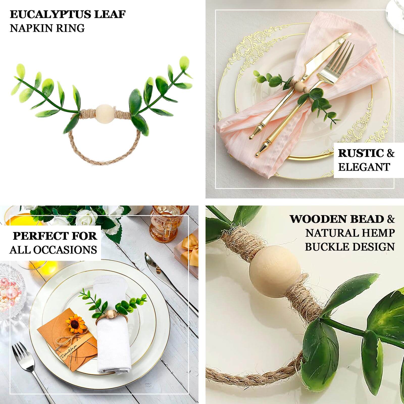8-Piece Handmade Rustic Green Eucalyptus Leaf & Wooden Bead Jute Napkin Holders