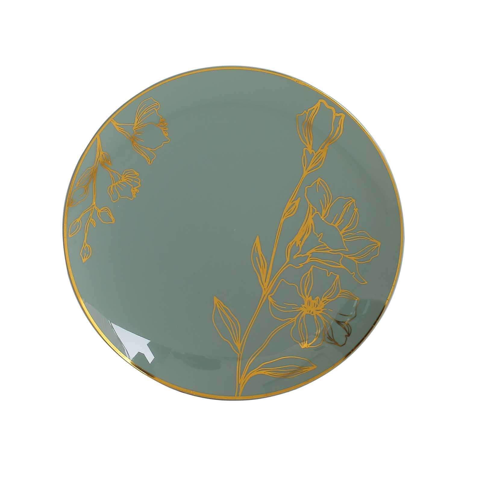 20-Piece Set of Disposable Plastic Dinner and Dessert Plates in Dusty Sage Green with Gold Floral Design