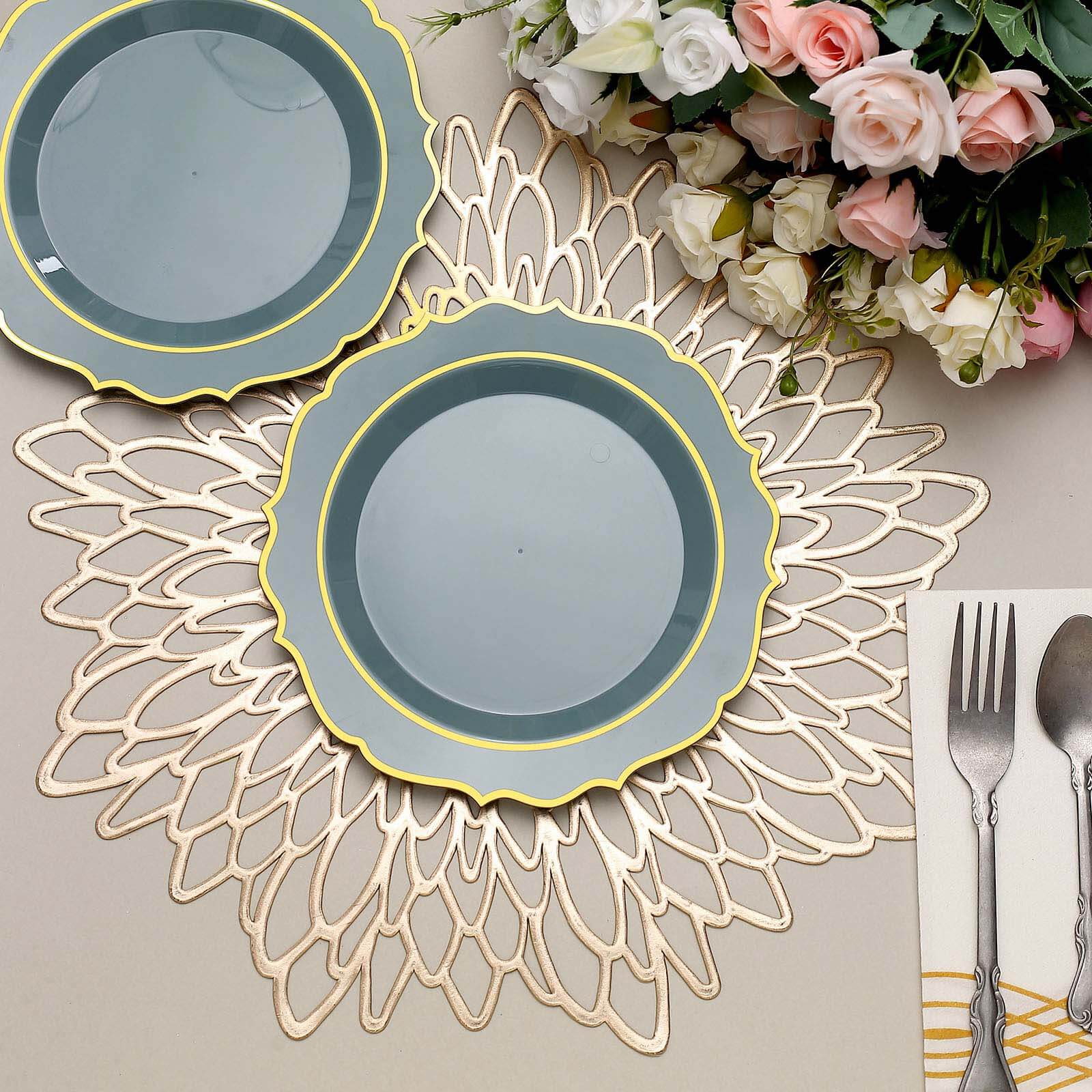 Hot Deal! 10-Pack 8" Disposable Dusty Blue Plastic Desert Plates with Gold Scalloped Rim