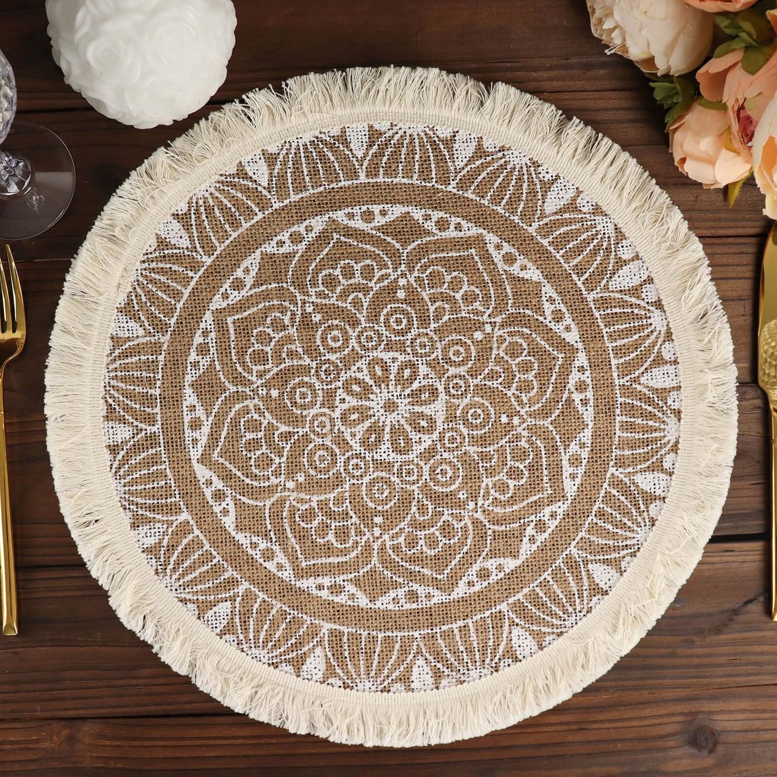 Hot Deal! 4-Pack Round Mandala Print Jute Placemats with Fringe and Tassel Design, Natural and White